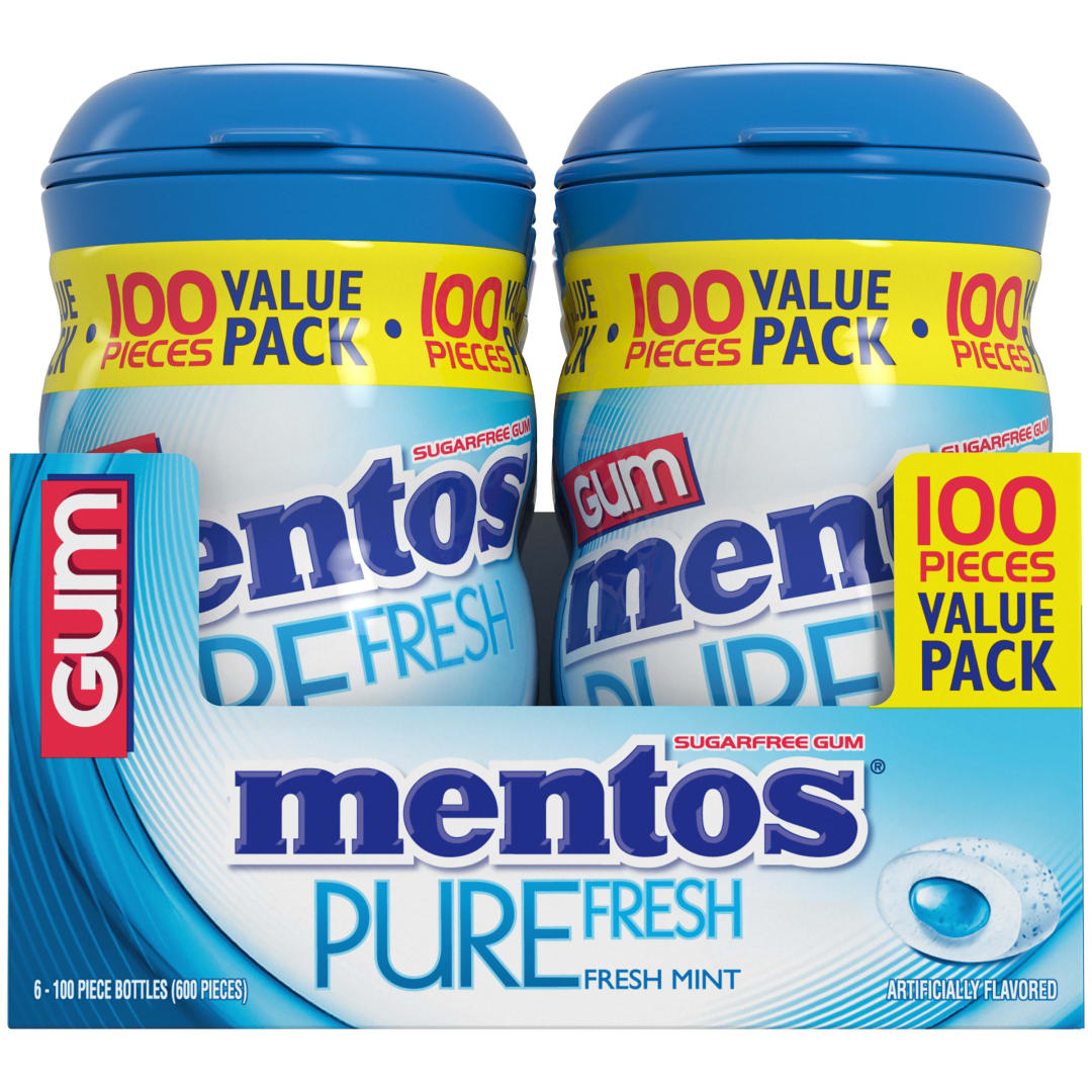 Mentos Gum Pure Fresh Sugar Free Chewing Gum Fresh Mint 100 pc XL Curvy Bottles - 6 Pack