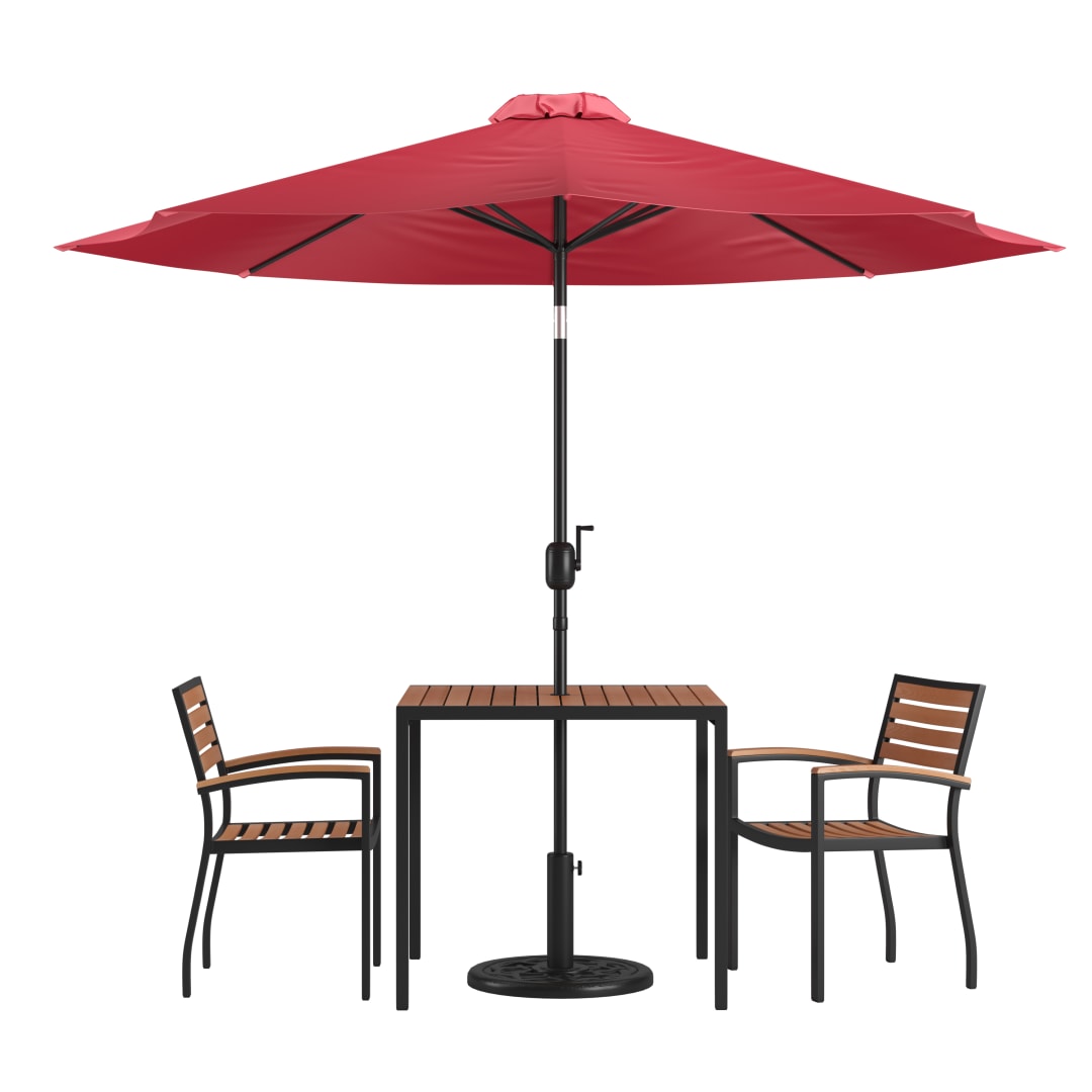 Lark 5 Piece Outdoor Patio Table Set with 2 Synthetic Teak Stackable Chairs, 35" Square Table, Red Umbrella & Base