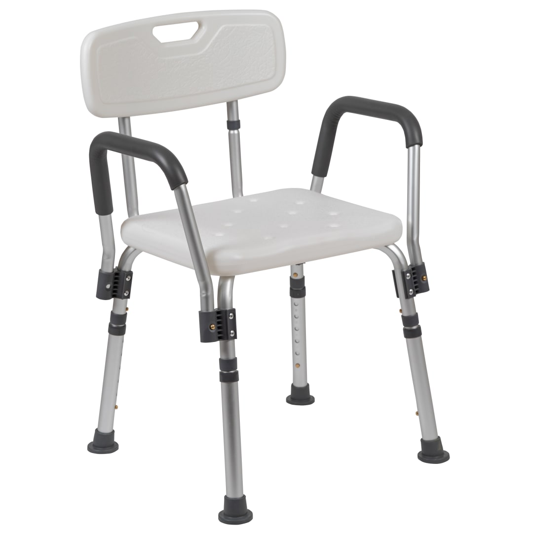 HERCULES Series 300 Lb. Capacity Adjustable White Bath &amp; Shower Chair with Quick Release Back &amp; Arms