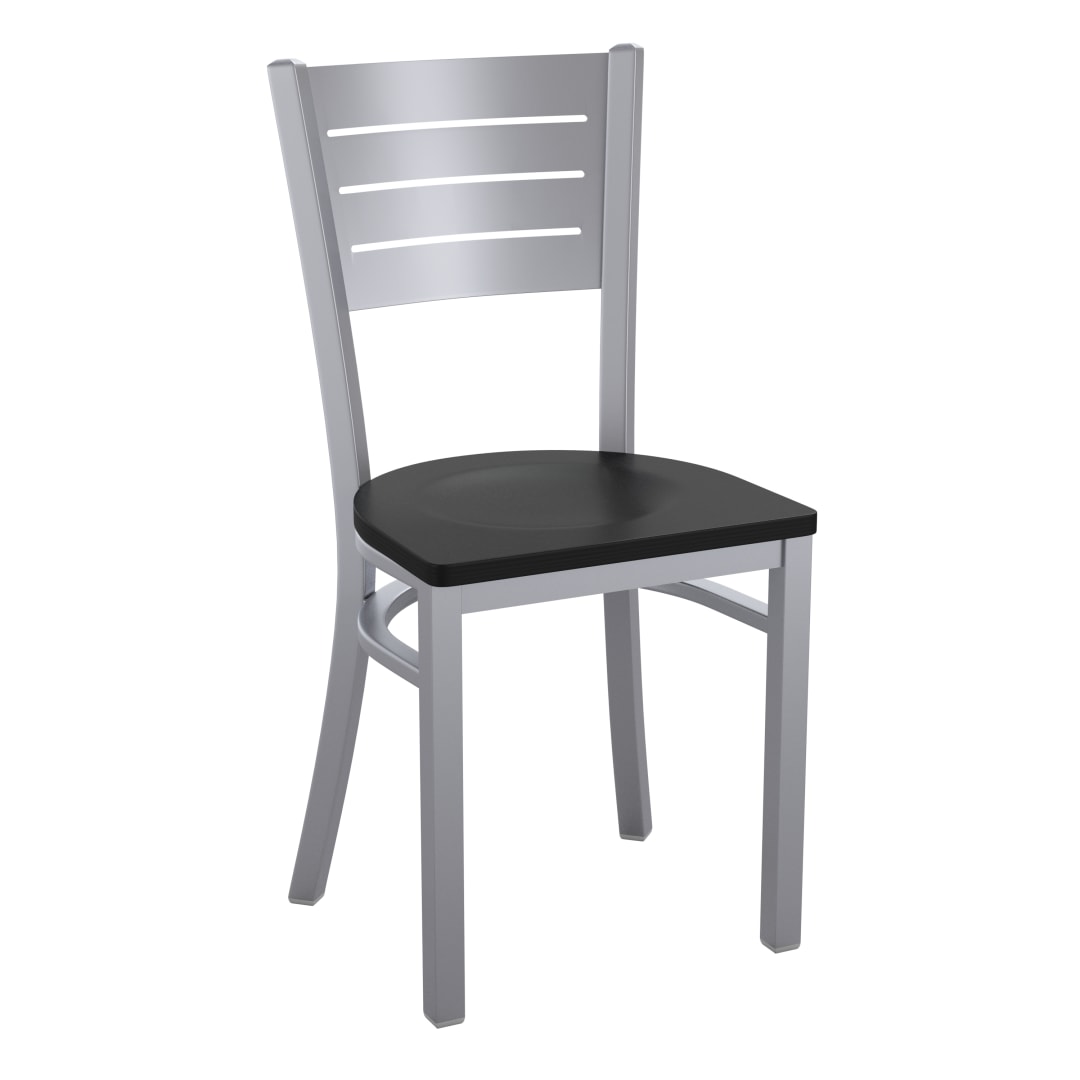 HERCULES Silver Slat Back Metal Restaurant Chair - Black Wood Seat