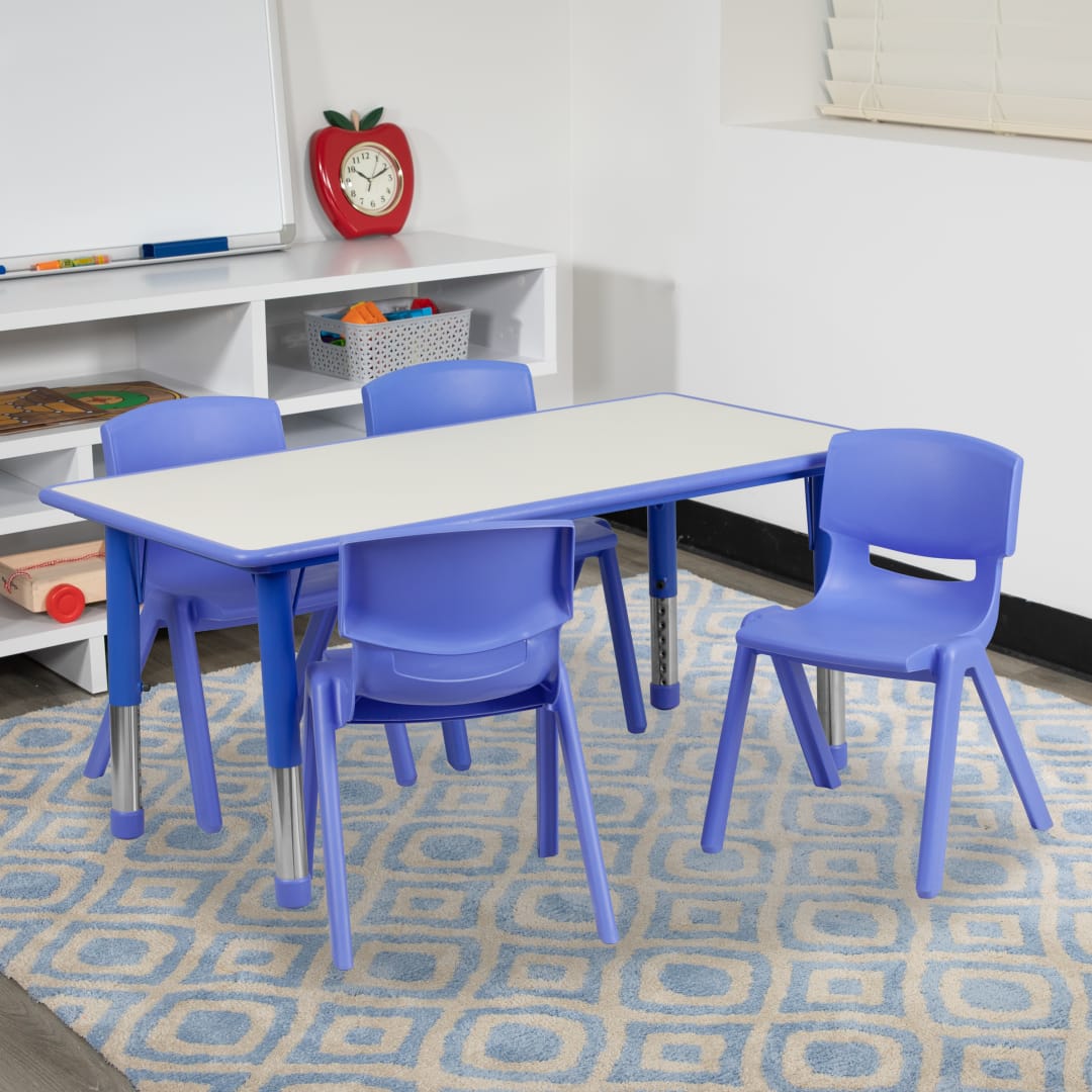 Emmy Adjustable Kids Activity Table Set – 23.6" x 47.25" Blue/Gray Plastic Table with 4 Blue Chairs – Classroom &amp; Daycare Table for Toddlers &amp; Kids