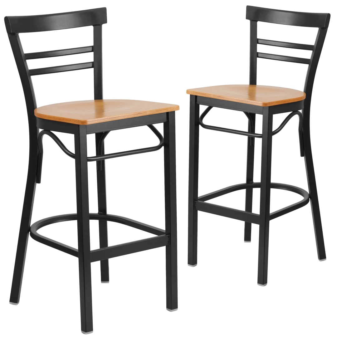 2 Pk. HERCULES Series Black Two-Slat Ladder Back Metal Restaurant Barstool - Natural Wood Seat