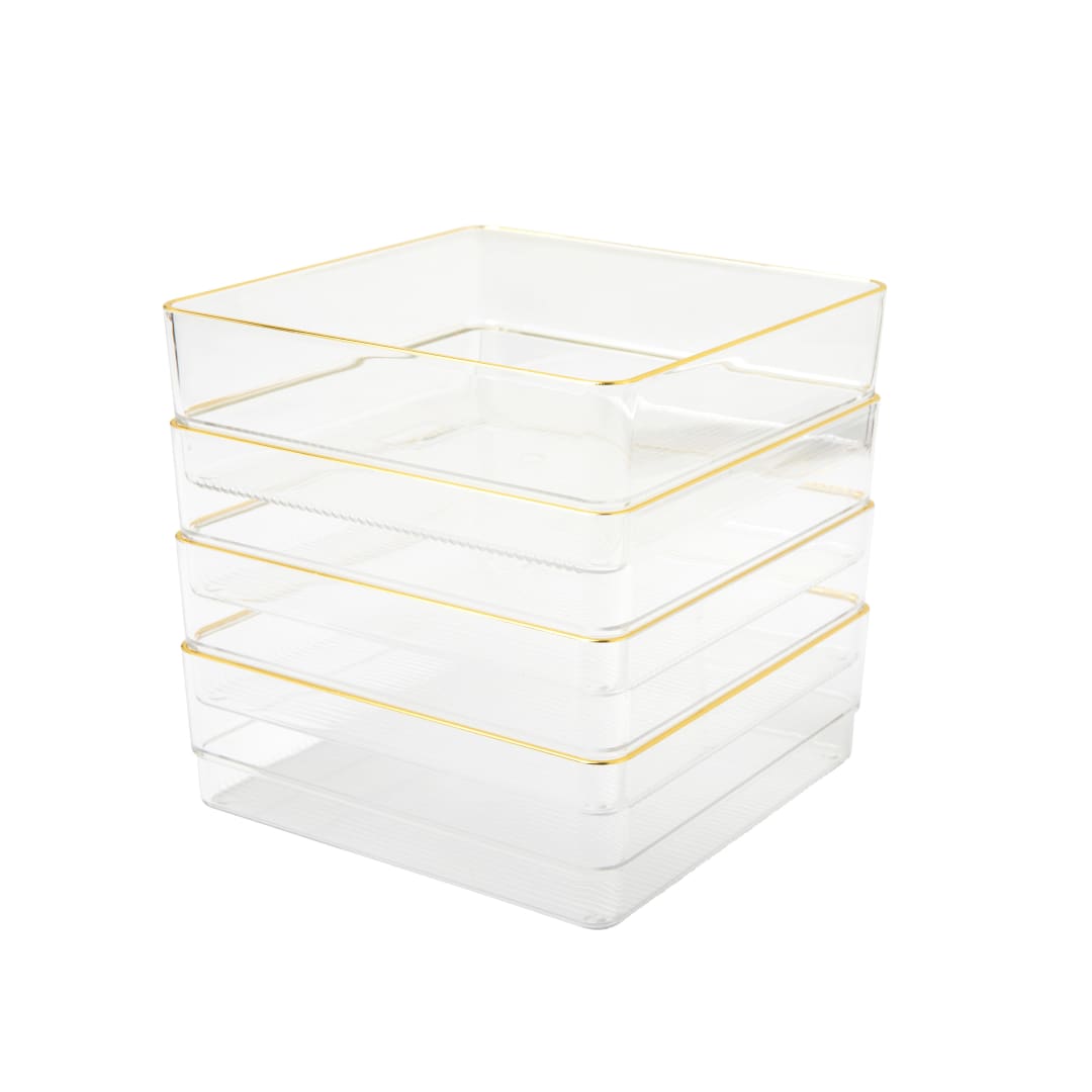 Kerry 4 Pack Plastic Stackable Office Desk Drawer Organizers with Gold Trim, 6" x 6"
