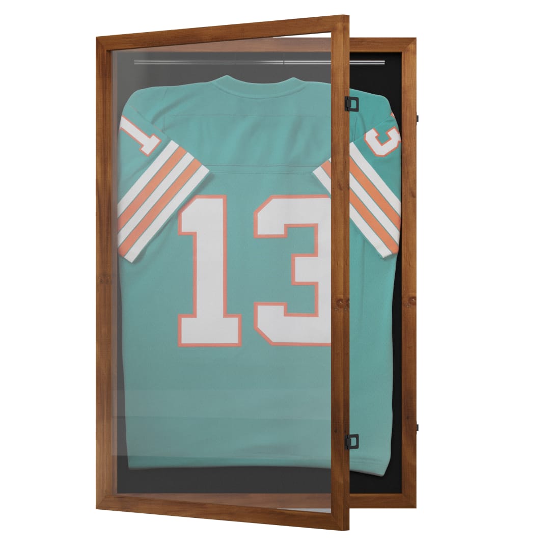 Banks 24x36 Jersey Display Case with Solid Pine Wood Frame, UV Treated Acrylic Window, Velvet Backing Board, and Anti-Theft Lock in Rustic Brown
