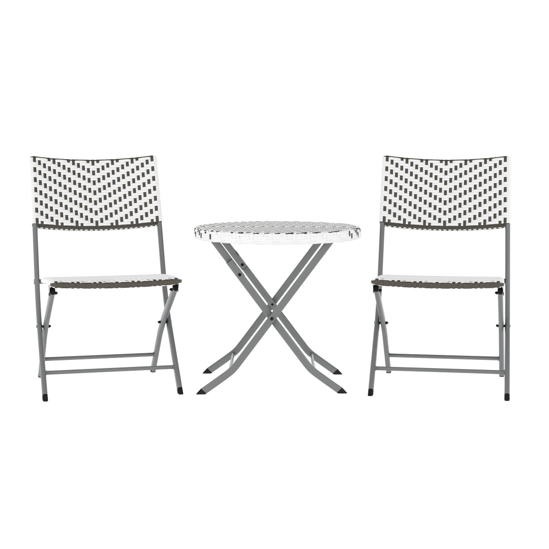 Rouen Three Piece Commercial Grade Foldable Bistro Set, Indoor/Outdoor PE Rattan Back, Seat and Table Top, Gray/White with Charcoal Steel Frame