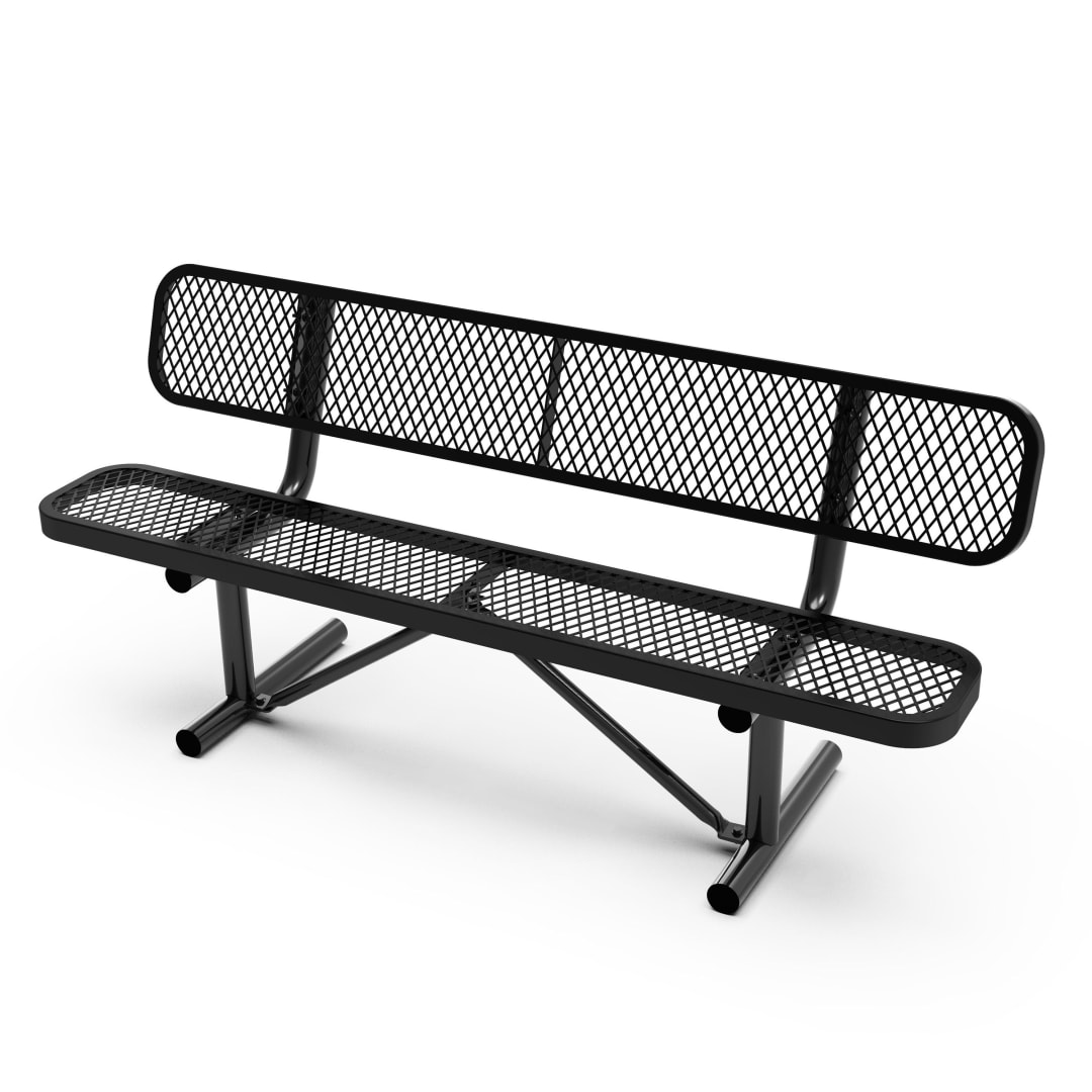 Sigrid 6' Outdoor Bench with Backrest, Commercial Grade Expanded Metal Mesh Seat and Backrest and Steel Frame in Black with Anchors
