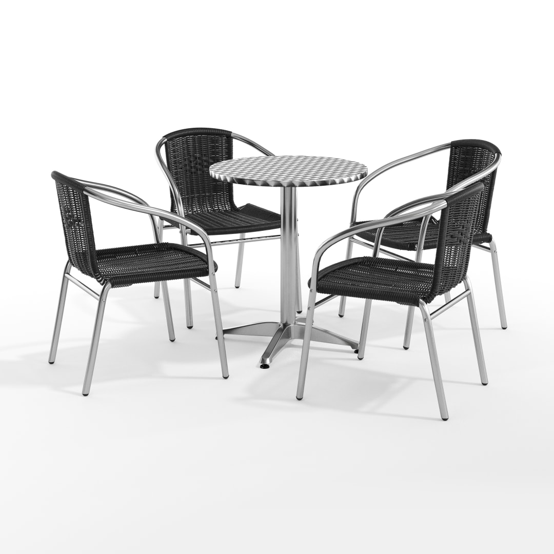Lila 23.5'' Round Aluminum Indoor-Outdoor Table Set with 4 Black Rattan Chairs