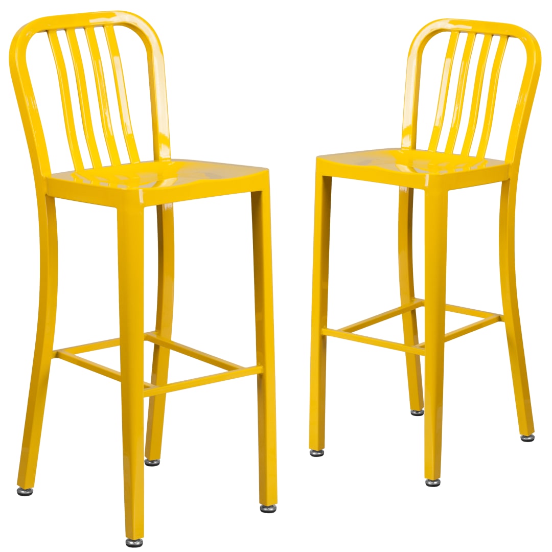 Gael Commercial Grade 2 Pack 30" High Yellow Metal Indoor-Outdoor Barstool with Vertical Slat Back