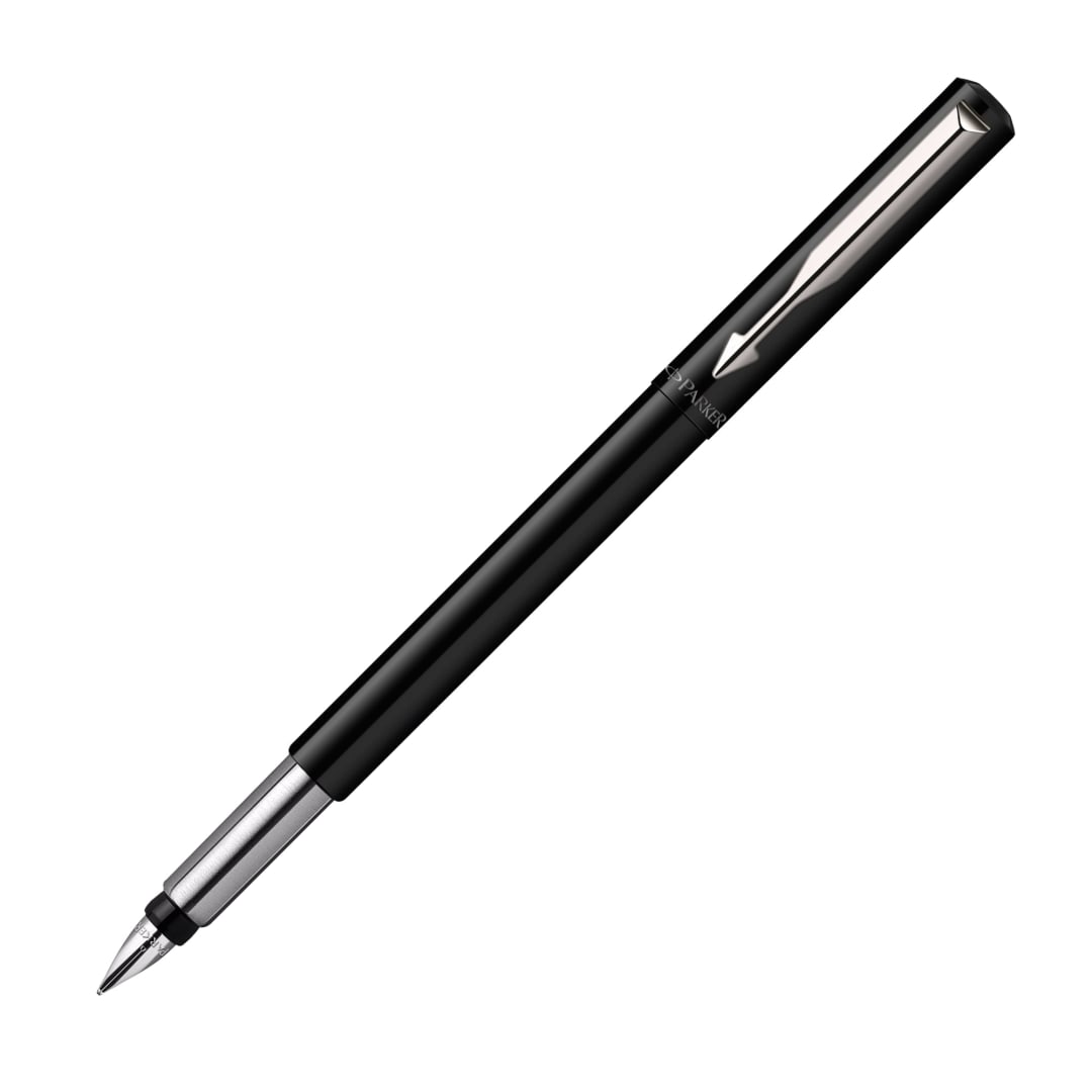 Parker Vector Fountain Pen, Black with Chrome Trim, Medium Nib, Blue Ink, Hangtab