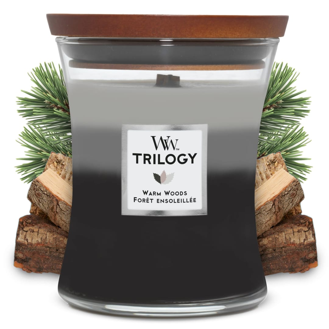 WoodWick® Medium Hourglass Scented Trilogy Candle | Warm Woods | with Crackling Wick | Up to 60 Hours Burn Time