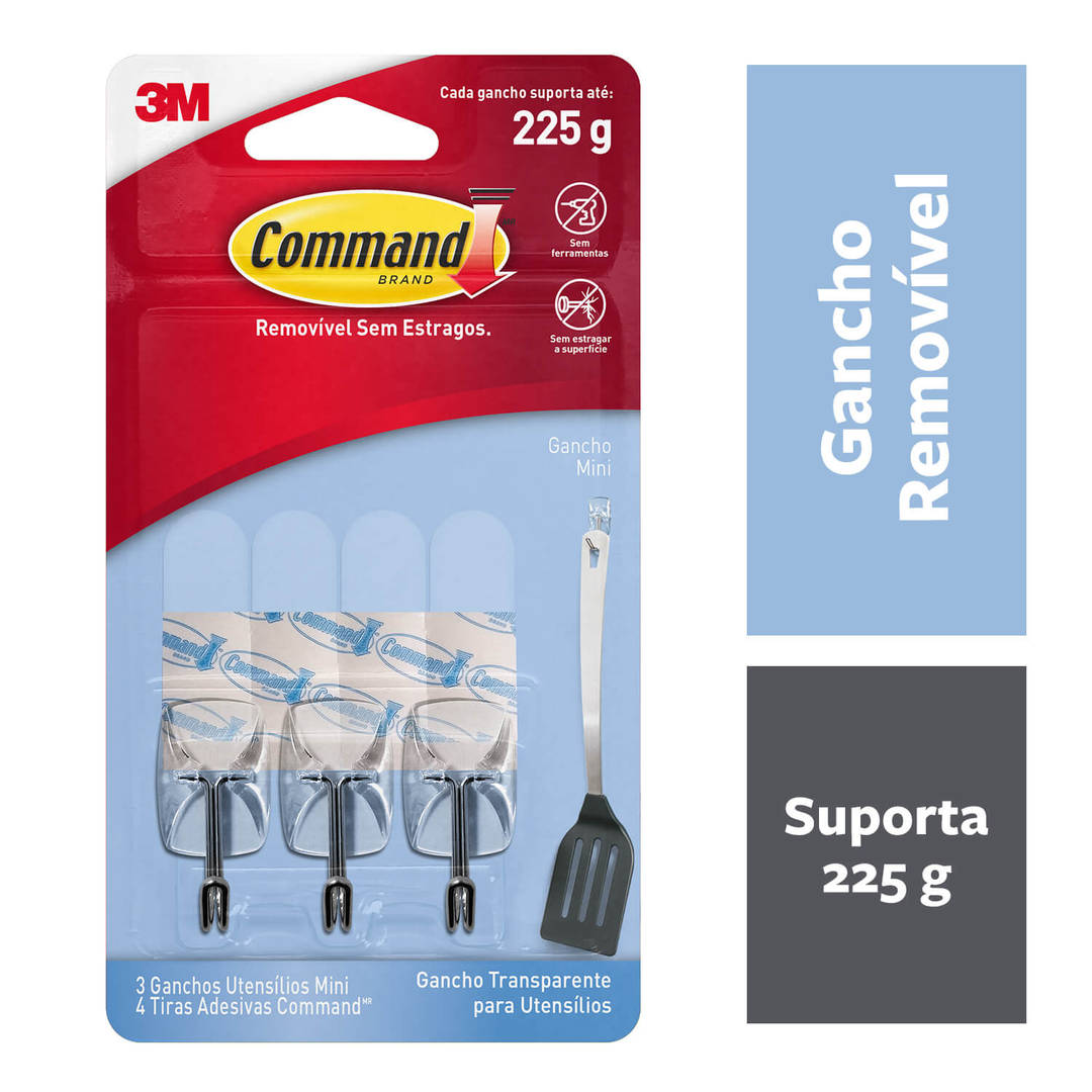 Gancho Adesivo para Utensílios 3M™ Command™, Transparente, Mini, 3 Unidades