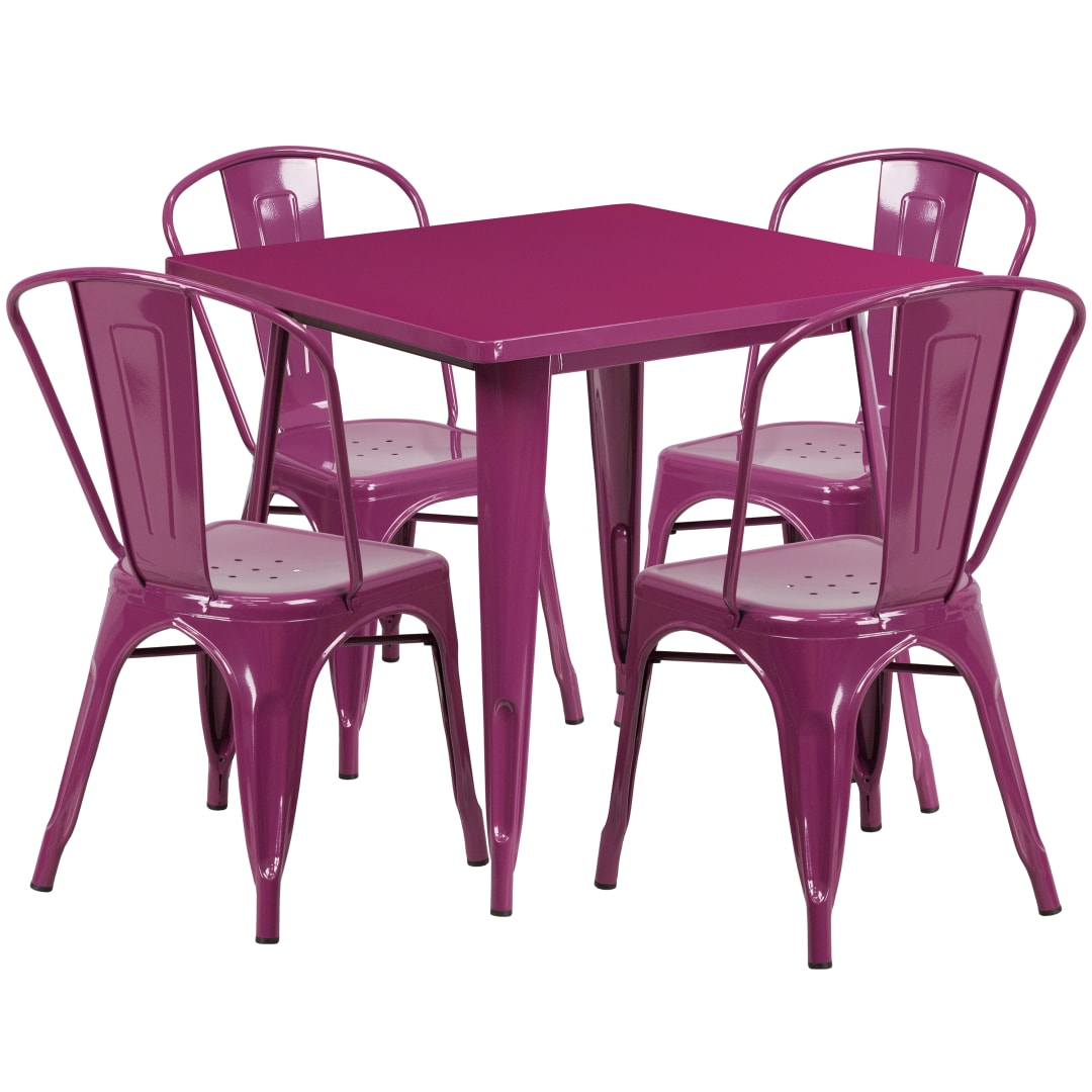 Foster Commercial Grade 31.5" Square Purple Metal Indoor-Outdoor Table Set with 4 Stack Chairs