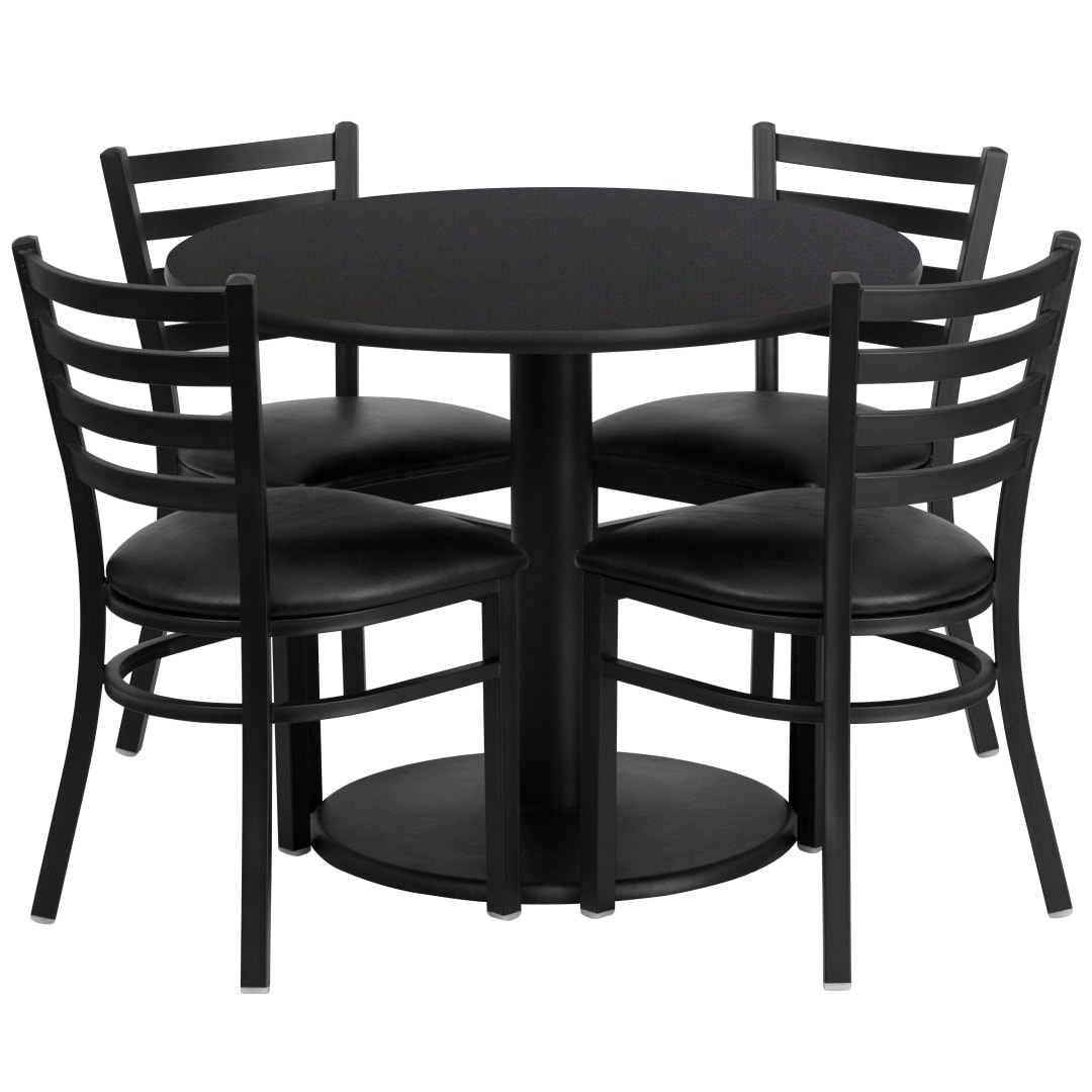 Jamie 36'' Round Black Laminate Table Set with Round Base and 4 Ladder Back Metal Chairs - Black Vinyl Seat