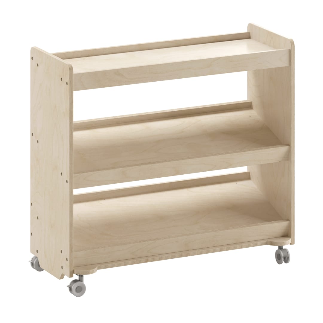 Bright Beginnings Commercial Space Saving Wooden Mobile Classroom Storage Cart, 3 Angled Shelves, Locking Caster Wheels, Kid Friendly Design, Natural