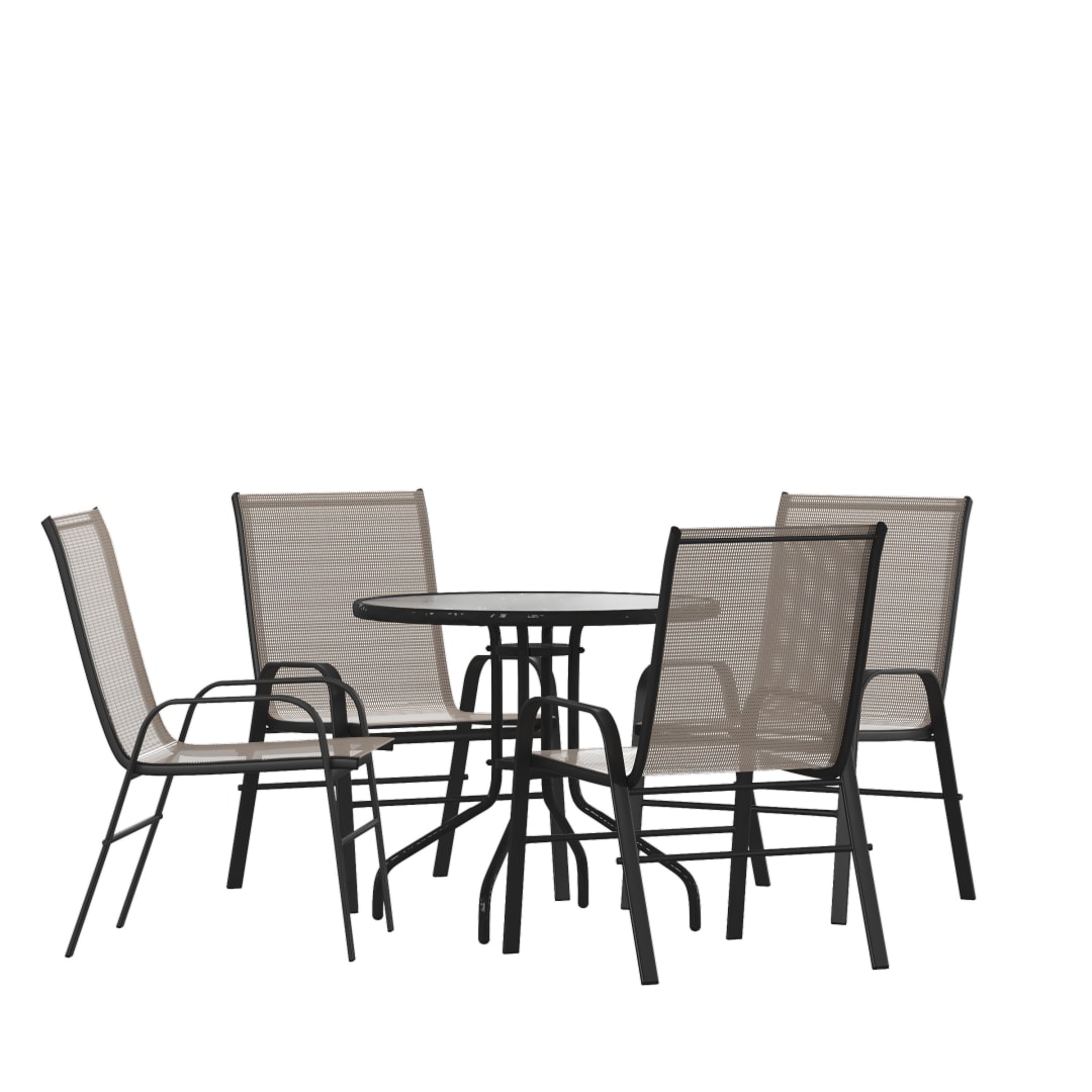 Brazos 5 Piece Outdoor Patio Dining Set - 31.5" Round Tempered Glass Patio Table, 4 Brown Flex Comfort Stack Chairs