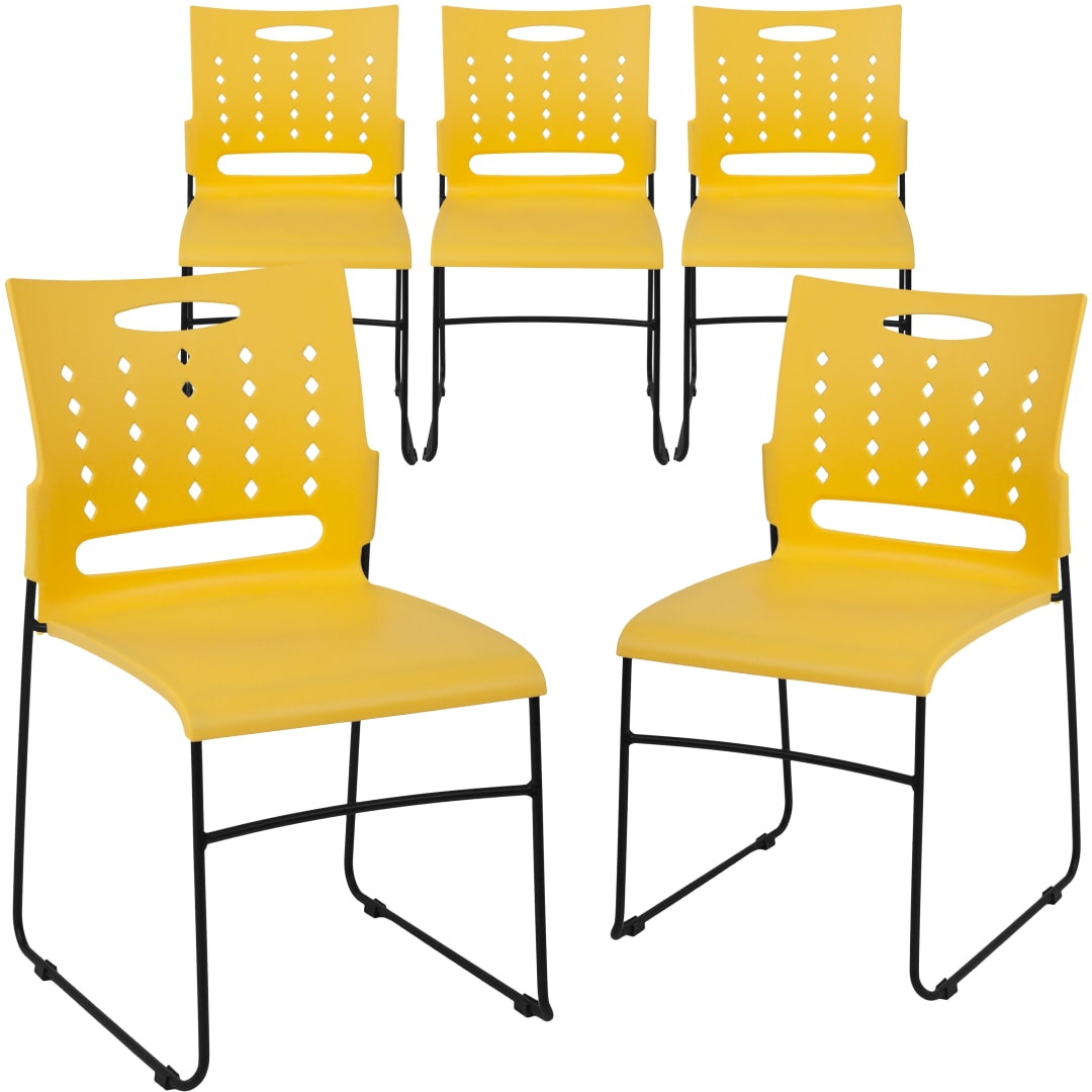 5 Pack HERCULES Series 881 lb. Capacity Yellow Sled Base Stack Chair with Air-Vent Back