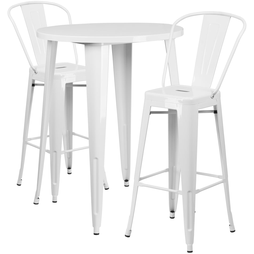 Caron Commercial Grade 30" Round White Metal Indoor-Outdoor Bar Table Set with 2 Cafe Stools
