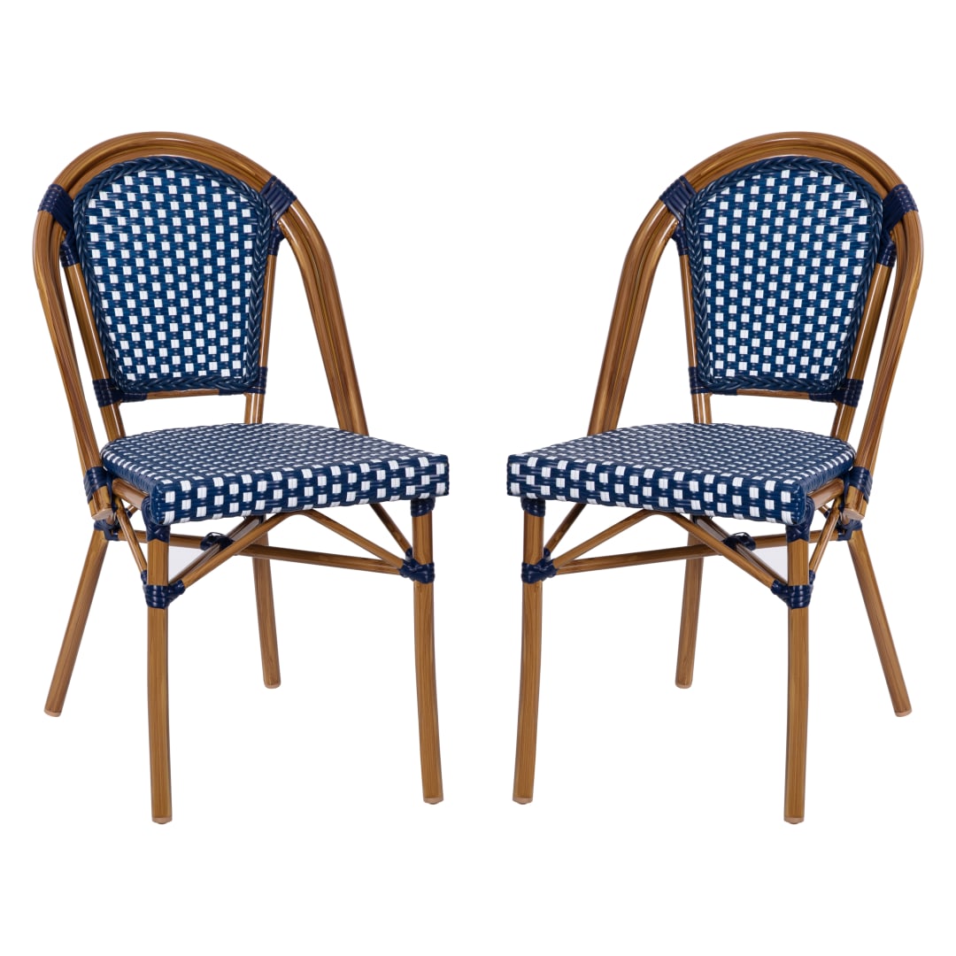 Bordeaux Set of 2 Indoor/Outdoor Commercial Bistro Stacking Chairs, Navy/White PE Rattan Back and Seat, Bamboo Print Aluminum Frame in Natural
