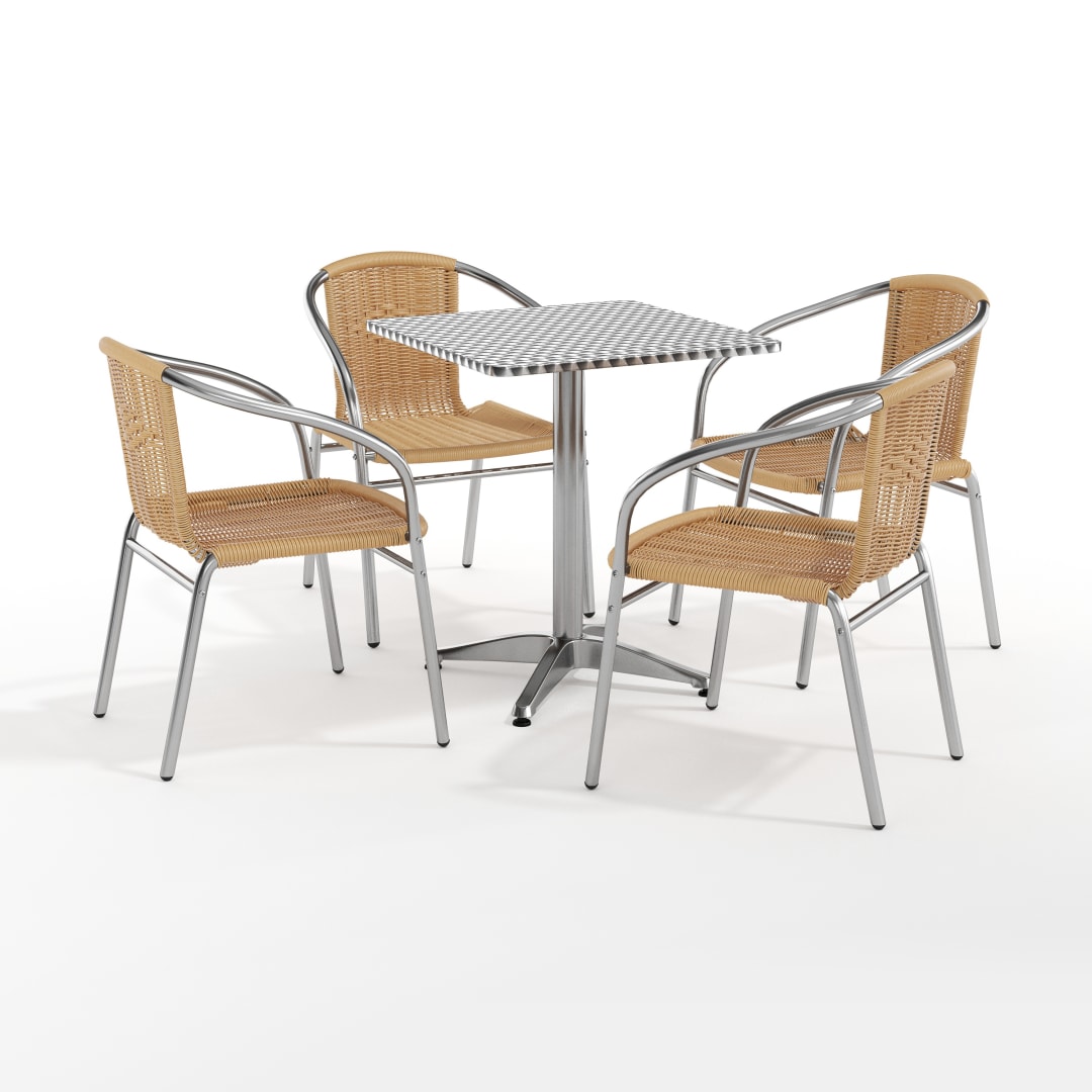 Lila 23.5'' Square Aluminum Indoor-Outdoor Table Set with 4 Beige Rattan Chairs