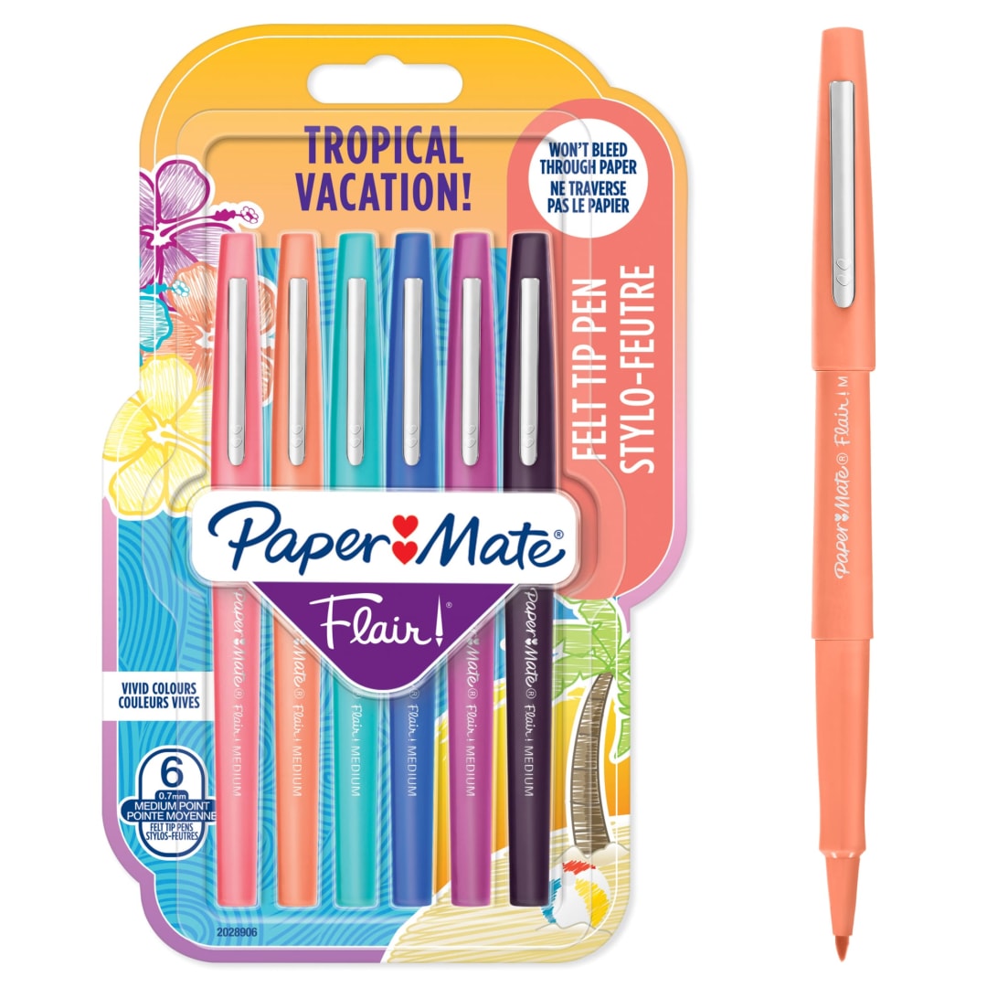 Paper Mate® Flair Felt Tip Pens | Medium Tip (0.7 mm) | Tropical Vacation Colours | 6 Count