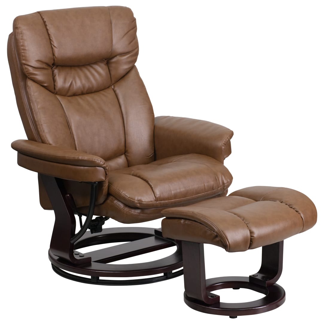 Allie Contemporary Multi-Position Recliner and Curved Ottoman with Swivel Mahogany Wood Base in Palimino LeatherSoft