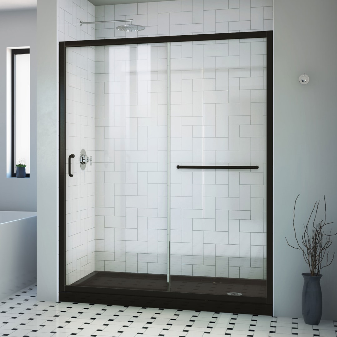 DreamLine Infinity-Z 36 inch D x 60 inch W x 74 3/4 inch H Semi-Frameless Sliding Clear Shower Door in Matte Black with Right Drain Black Shower Base Kit