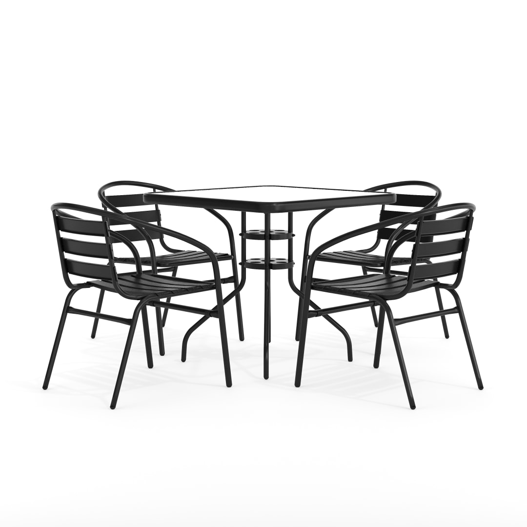 Lila 31.5'' Square Glass Metal Table with 4 Black Metal Aluminum Slat Stack Chairs