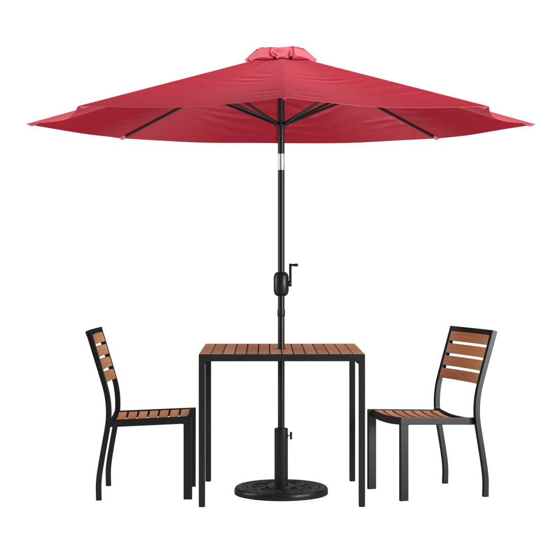Lark 5 Piece All-Weather Deck or Patio Set - 2 Stacking Faux Teak Chairs, 35" Square Faux Teak Table, Red Umbrella & Base