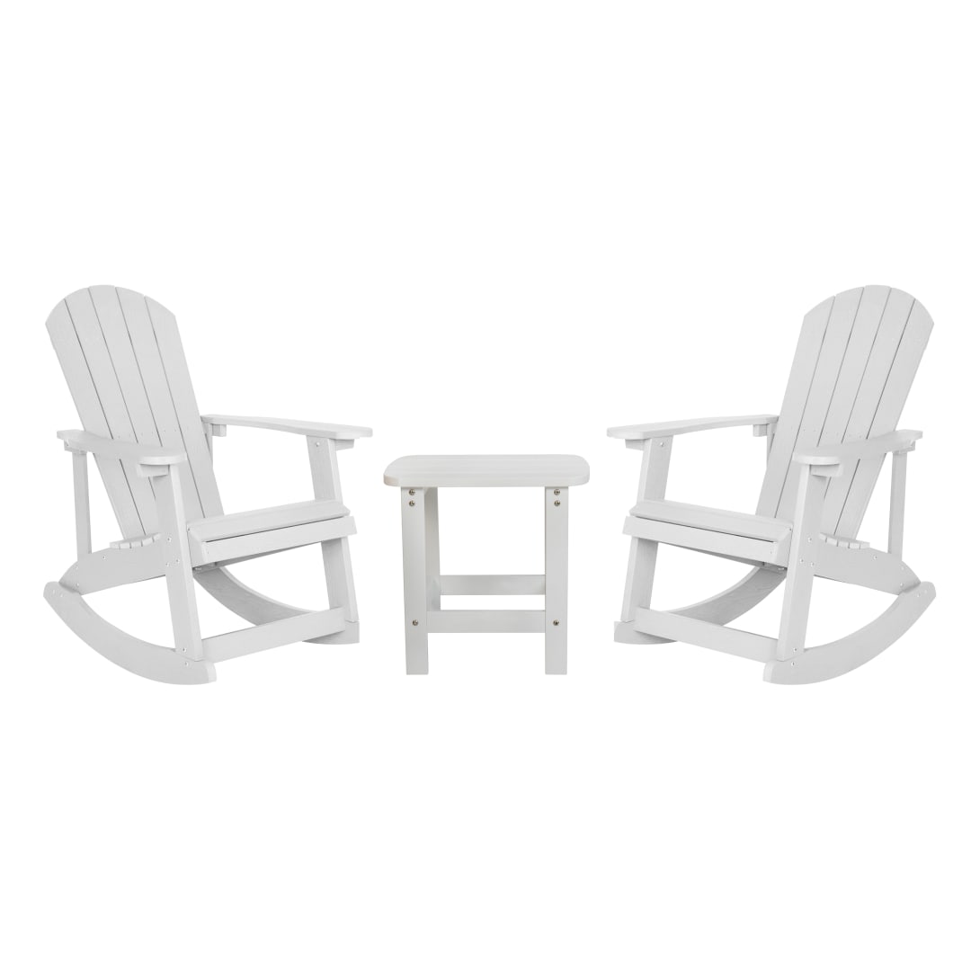 Set of 2 Savannah Commercial Grade All-Weather Poly Resin Wood Adirondack Rocking Chairs with Side Table in White