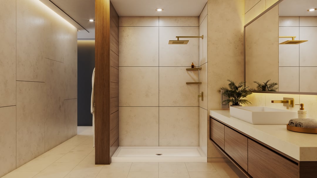 DreamLine SlimLine 32 inch D x 60 inch W x 2 3/4 inch H Single Threshold Biscuit Alcove Shower Base with 2 inch Brushed Brass Center Round Drain