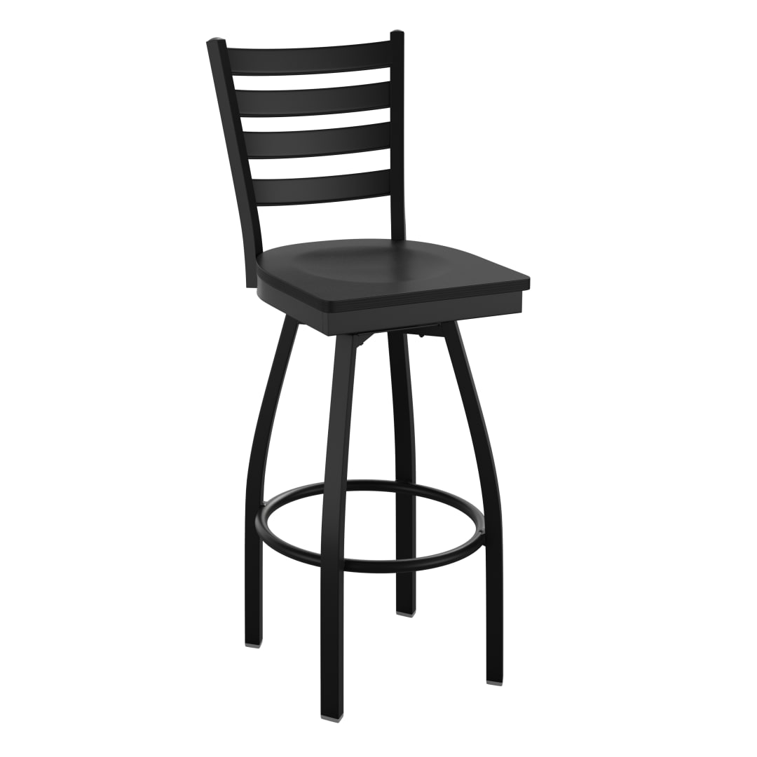 HERCULES Black Ladder Back Swivel Metal Barstool - Black Wood Seat