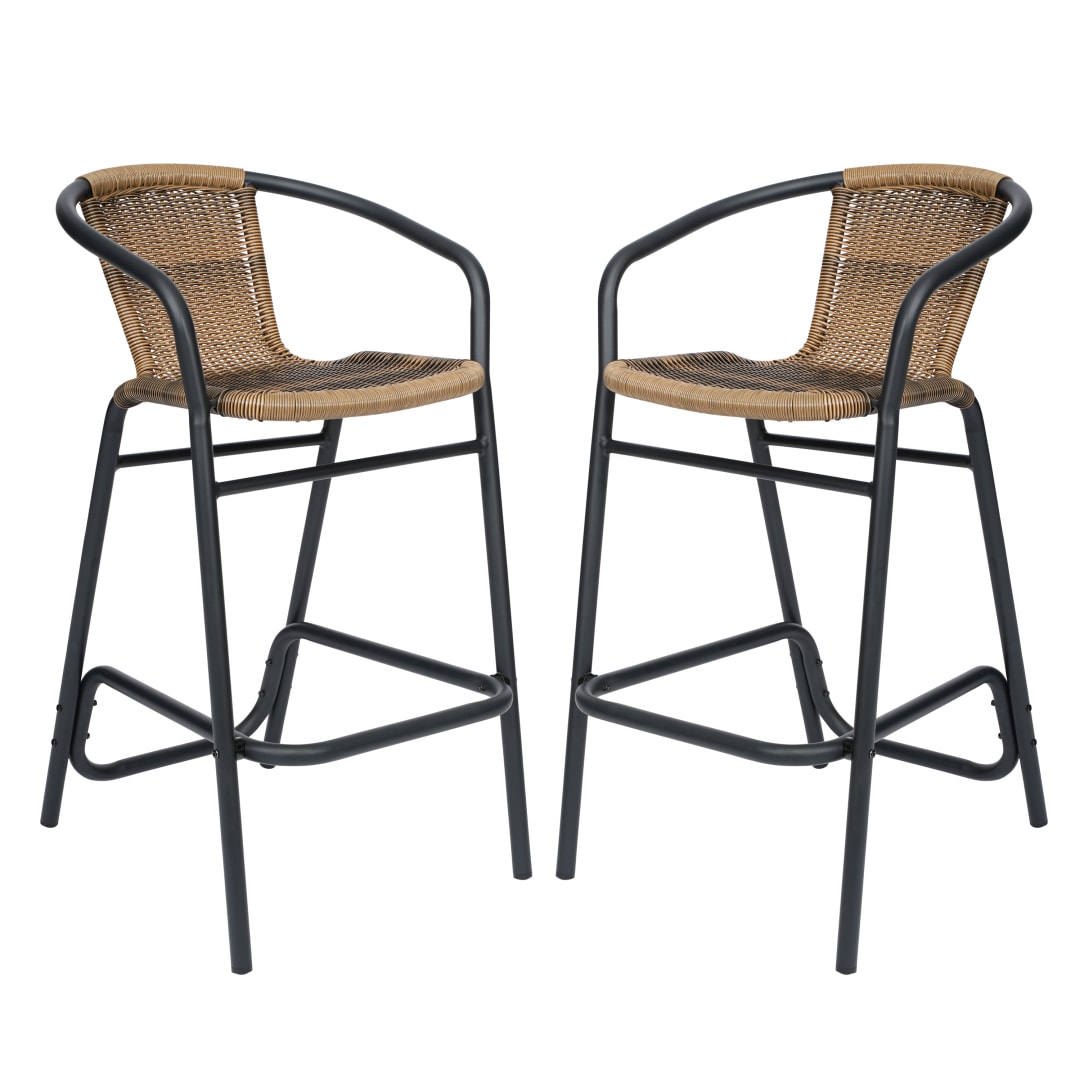 Lila Set of 2 Commercial Grade Indoor-Outdoor PE Rattan Restaurant Barstool with Black Aluminum Frame and Footrest in Medium Brown