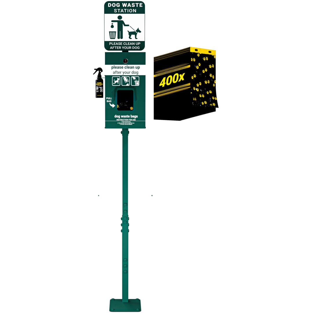 Kessler Mini Pet Waste Station with Glow in the Dark Sign, Pull Out Waste Bag Dispenser, and Hand Sanitizer Bottle - 400 Bags Included