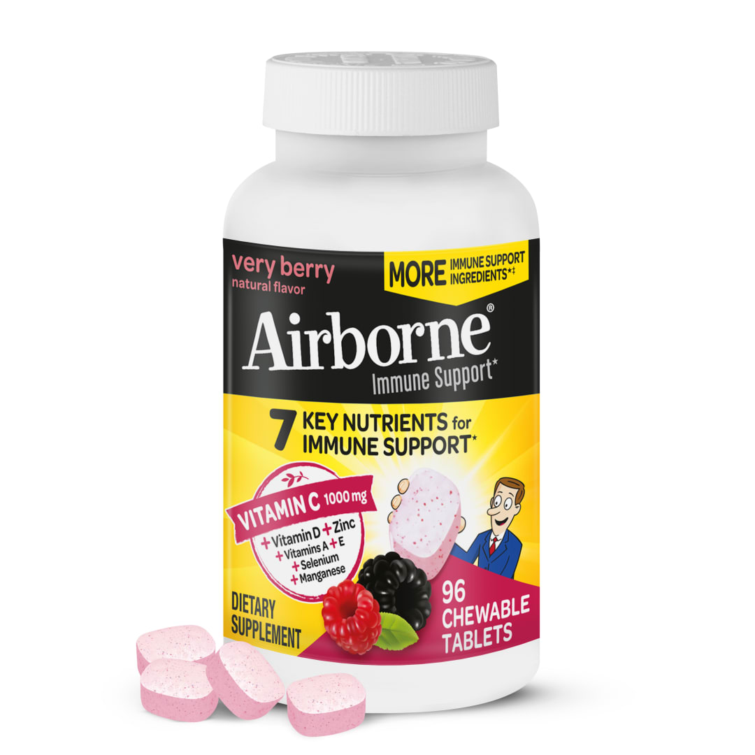 Airborne Very Berry Kautabletten, 96 Stück – 1000mg Vitamin C – Nahrungsergänzung zur Unterstützung des Immunsystems (Verpackung kann variieren)