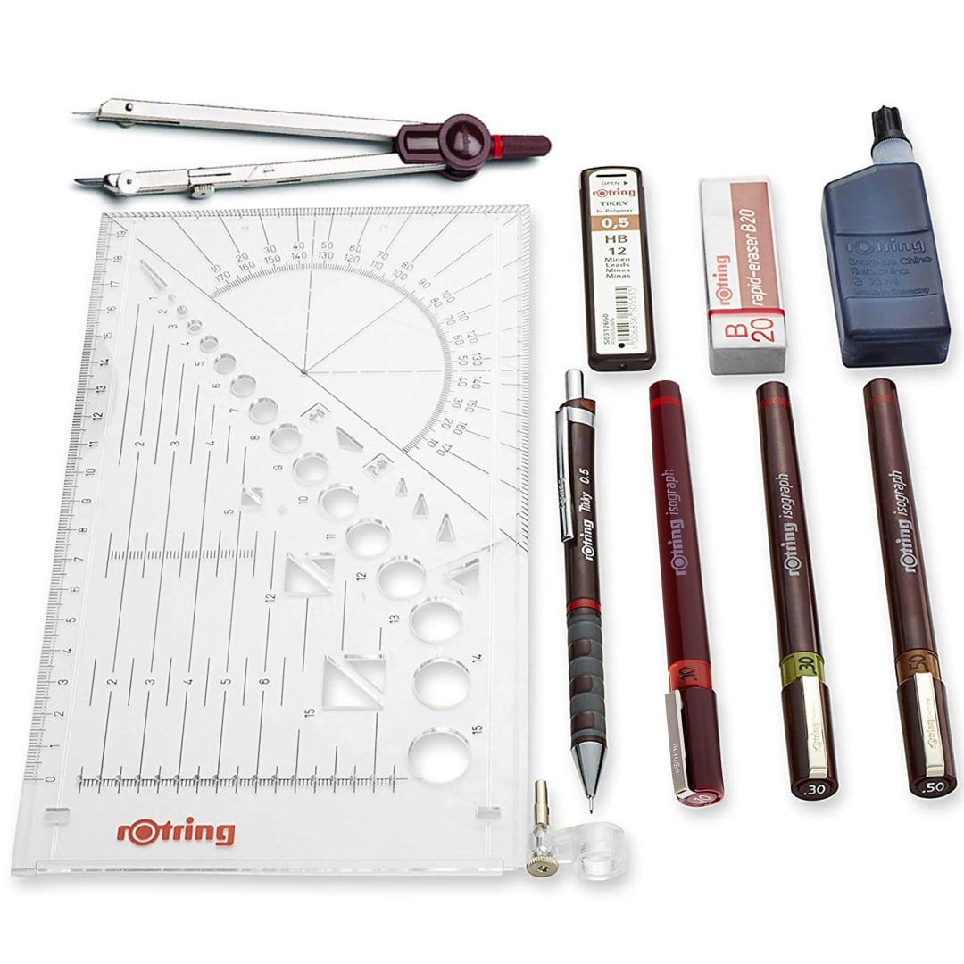 rOtring Isograph Set Maestro de Rotuladores Técnicos | 3 Fineliners (0,10 mm0,30 mm0,50 mm)Portaminas (0,5 mm)Compás y Accesorios | Set de 10 piezas en estuche