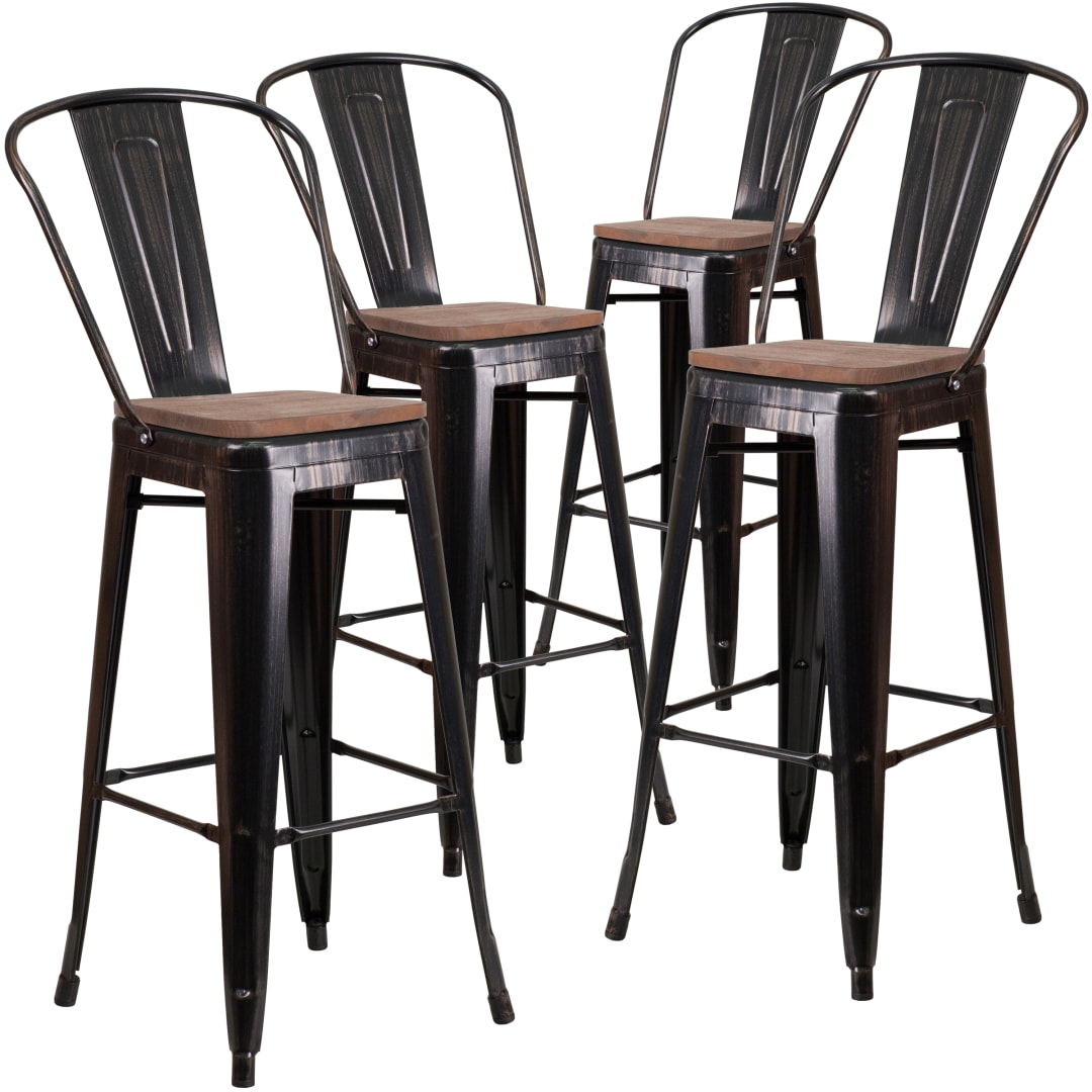 Lily 4 Pack 30" High Black-Antique Gold Metal Barstool with Back and Wood Seat