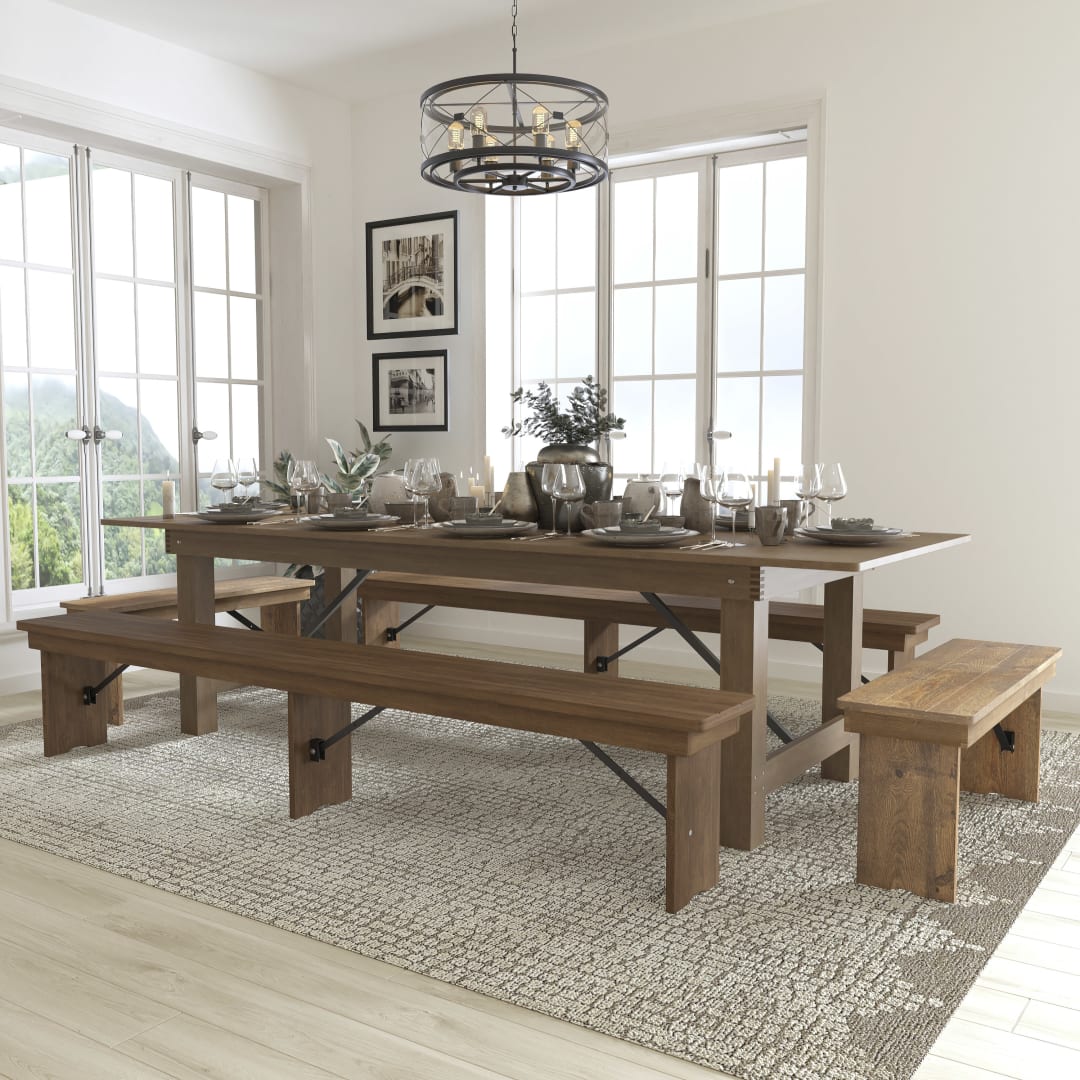 HERCULES Series 9' x 40'' Antique Rustic Folding Farm Table and Four Bench Set