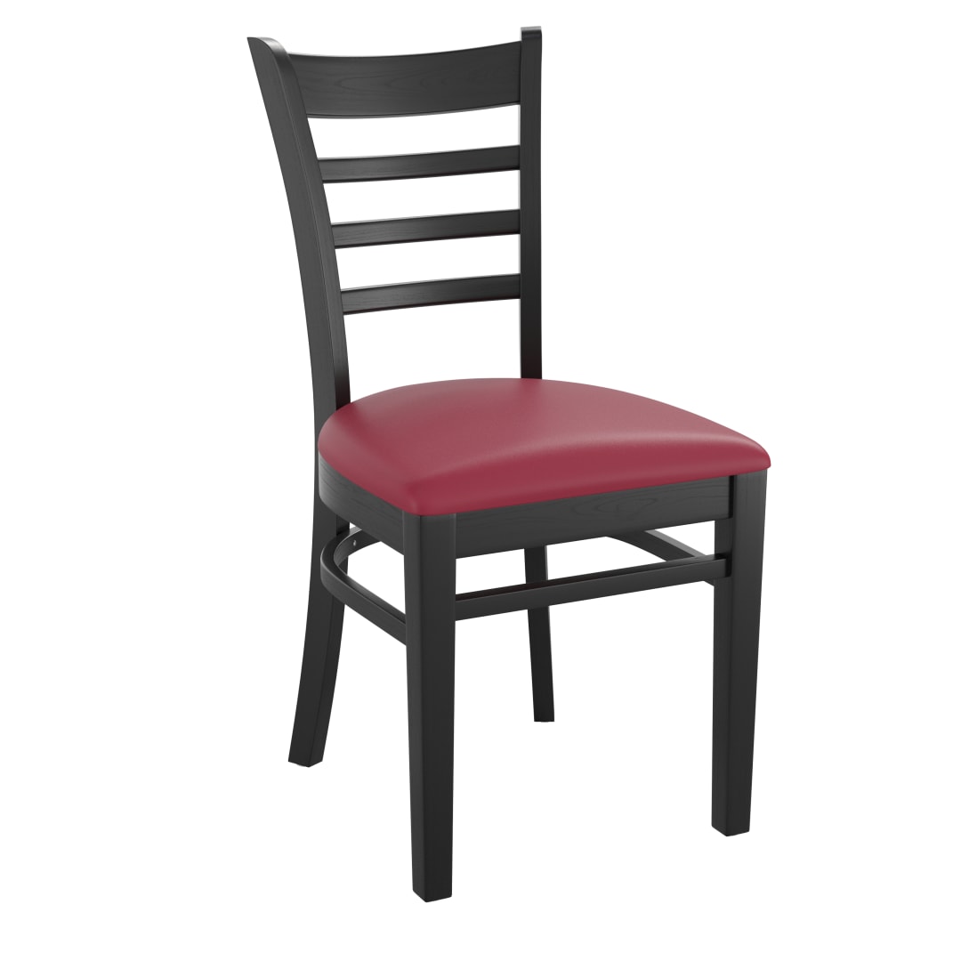 HERCULES Series Ladder Back Black Wood Restaurant Chair - Burgundy Vinyl Seat