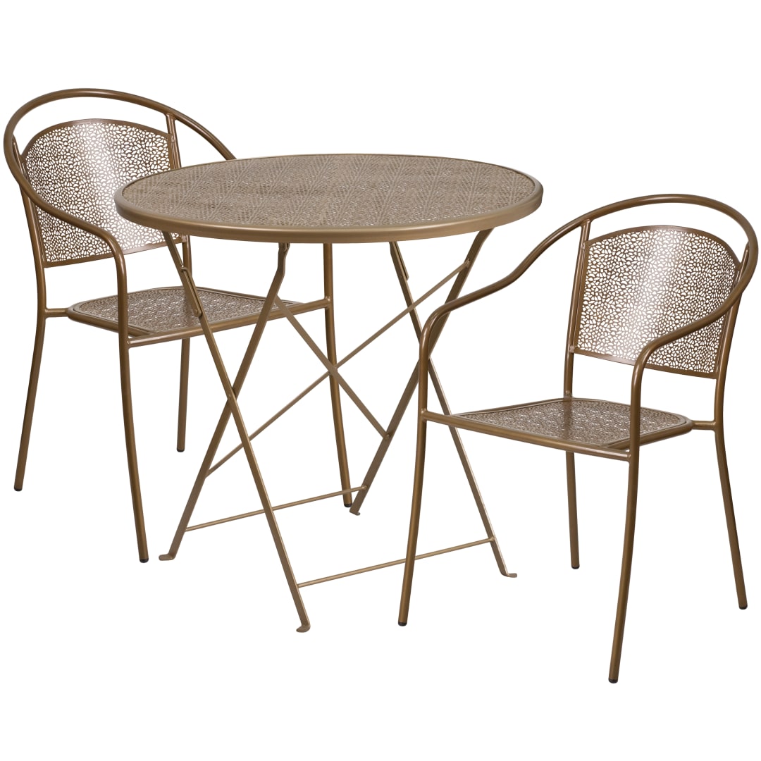 Oia Commercial Grade 30" Round Gold Indoor-Outdoor Steel Folding Patio Table Set with 2 Round Back Chairs
