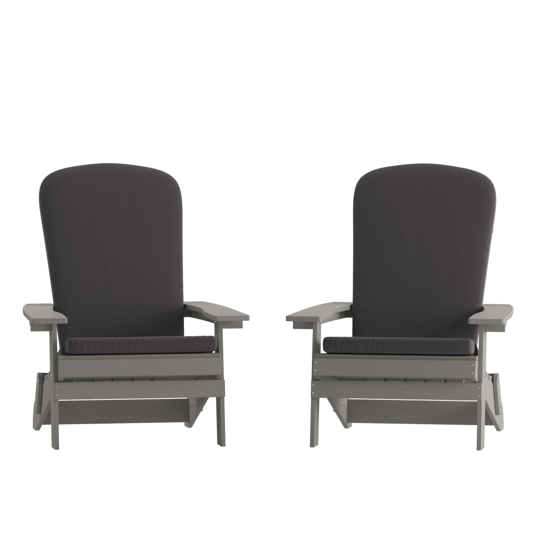 Charlestown Set of 2 All-Weather Poly Resin Indoor/Outdoor Folding Adirondack Chairs in Gray with Gray Cushions for Deck, Porch, and Patio
