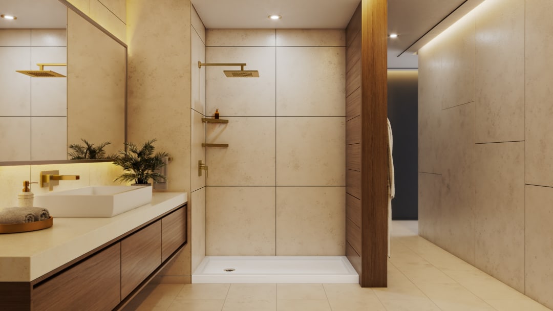 DreamLine SlimLine 30 inch D x 60 inch W x 2 3/4 inch H Single Threshold White Alcove Shower Base with 2 inch Brushed Brass Left Round Drain