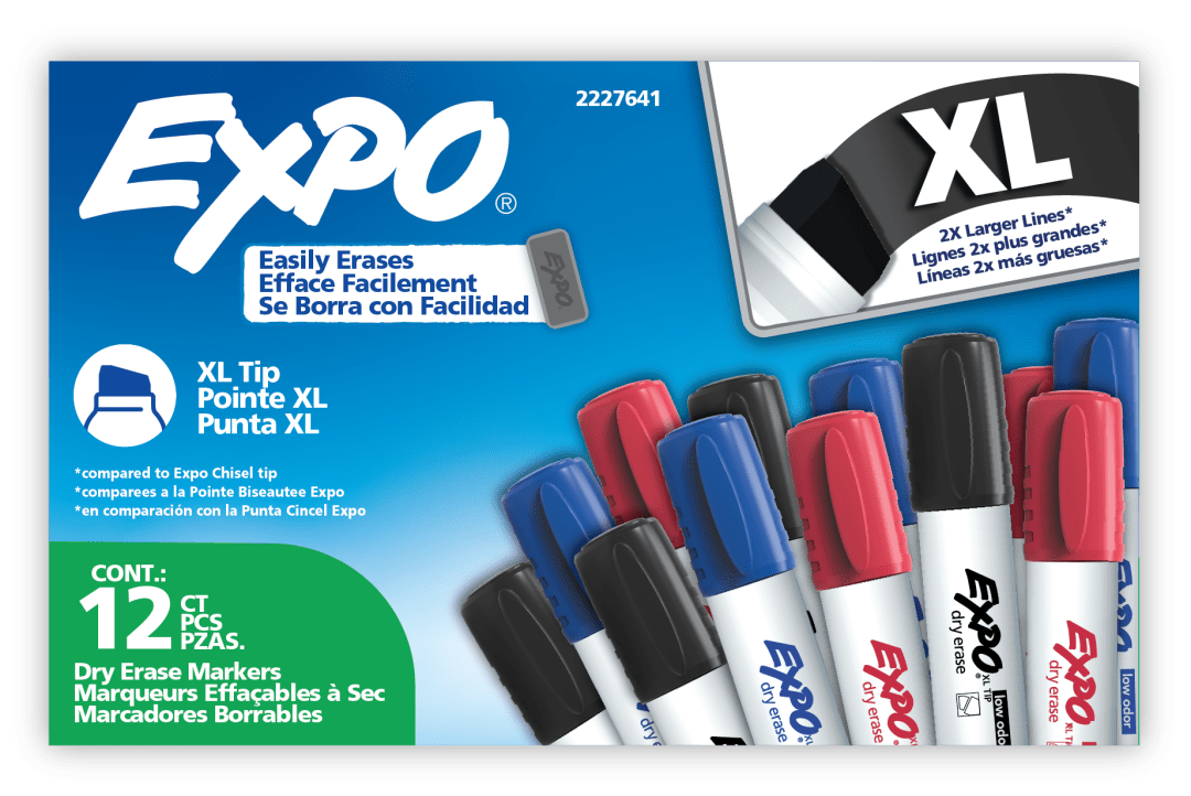 Marqueurs effaables sec EXPO, encre faible odeur, couleurs varies, pointe extra-large, 12marqueurs