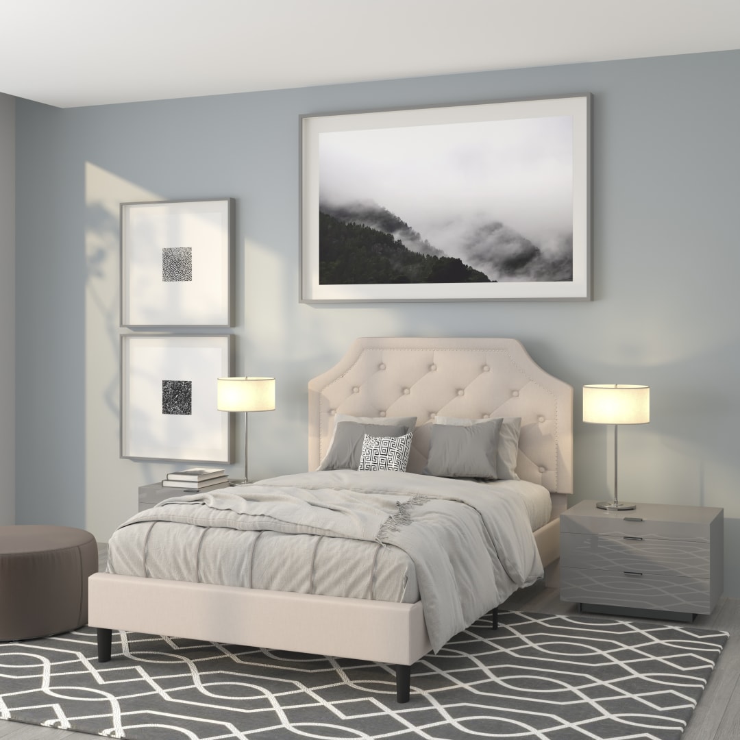 Brighton Full Size Tufted Upholstered Platform Bed in Beige Fabric
