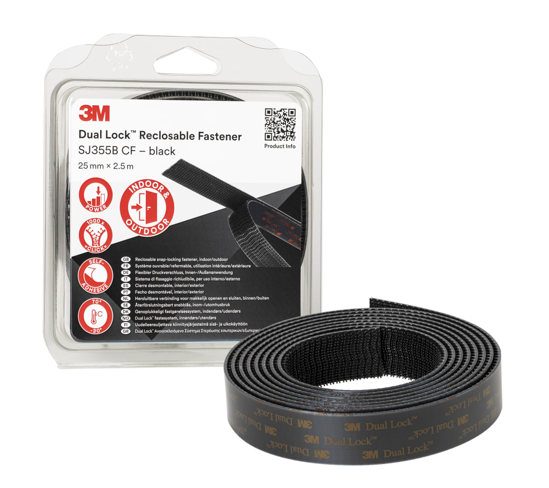 3M™ Dual Lock™ Yeniden Açılıp Kapatılabilen Bant SJ355B CF, Siyah, 25 mm x 2.5 m, 5.7 mm