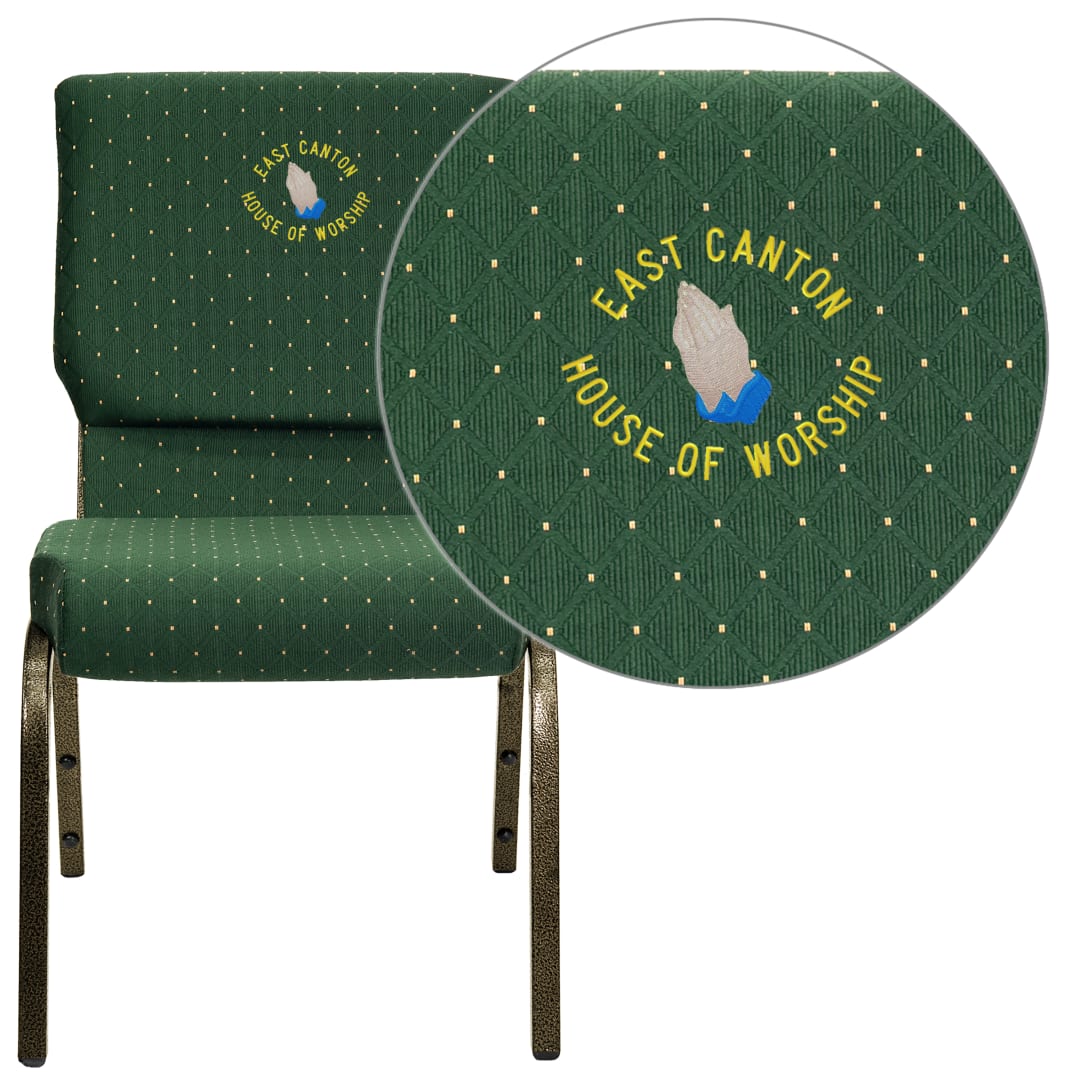 Embroidered HERCULES Series 18.5''W Stacking Church Chair in Green Patterned Fabric - Gold Vein Frame