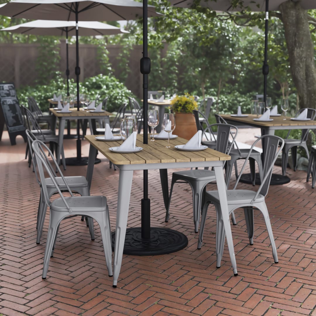 Declan Commercial Indoor/Outdoor Dining Table with Umbrella Hole, 30" x 60" All Weather Brown Poly Resin Top and Silver Steel Base