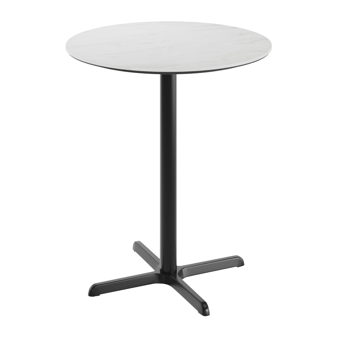 TopGuard 36" Round Tabletop, Seamless Surface Technology, White Faux Marble, 30" x 30" Black Bar Height X-Base, Moisture, Scratch, Heat, UV Resistant