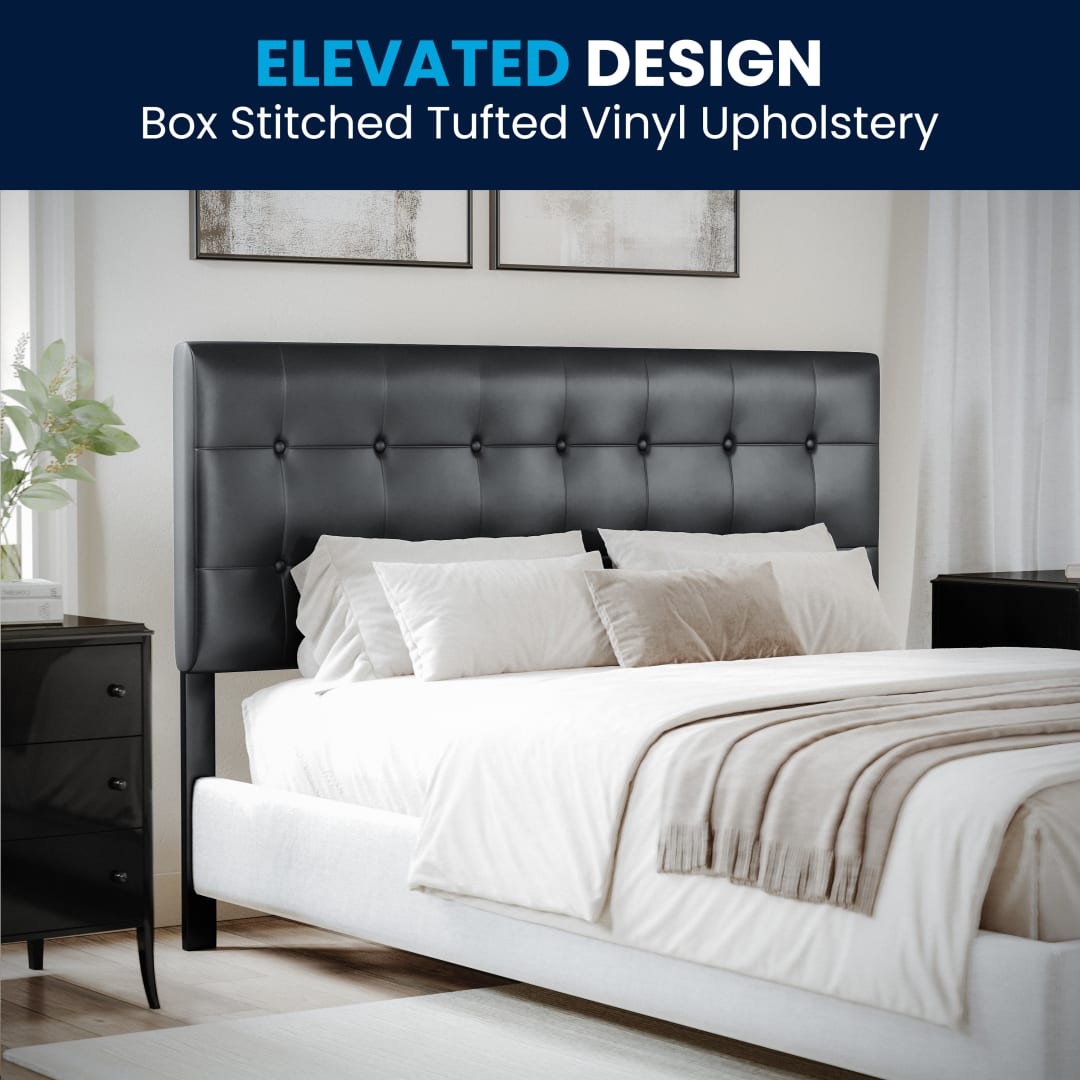 Lennox Tufted Upholstered Queen Size Headboard in Black Vinyl