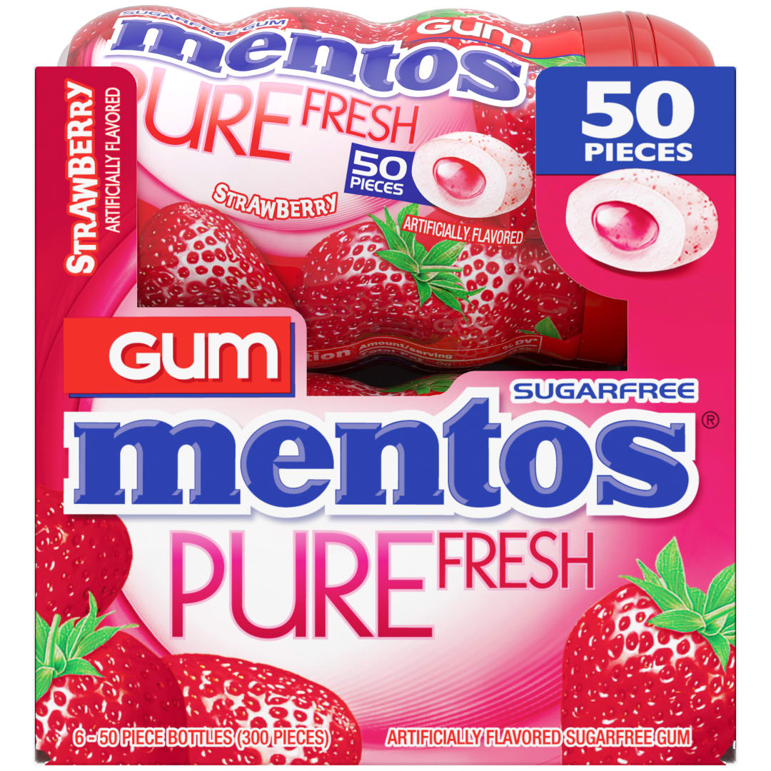 Mentos Gum Pure Fresh Sugar Free Chewing Gum Strawberry 50 pc Curvy Bottles - 6 Pack