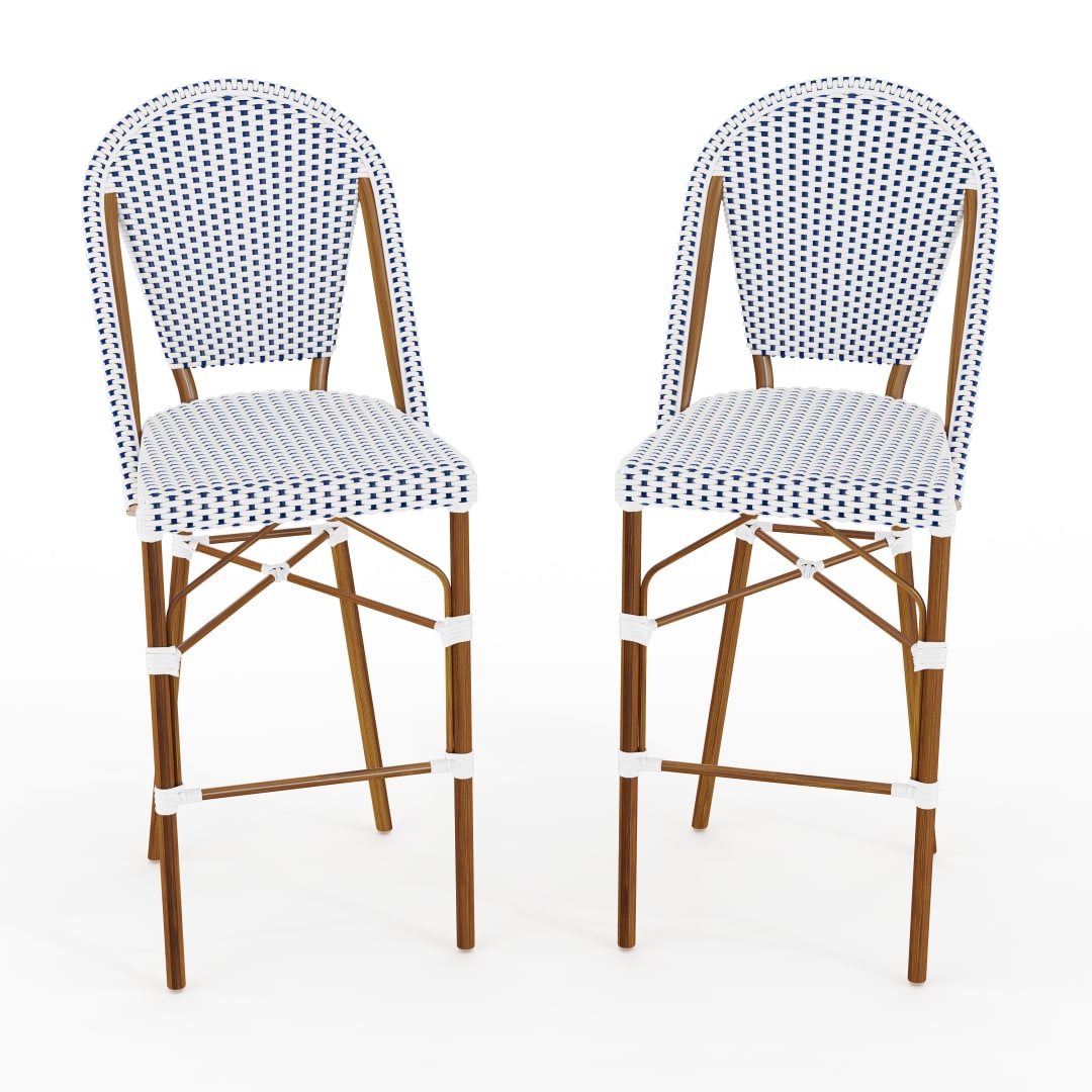Lily Pond Set of 2 Indoor-Outdoor Stackable Bistro Bar Stools with Natural Woodgrain Aluminum Finish Frames, White/Navy Woven Rattan Backs/Seats